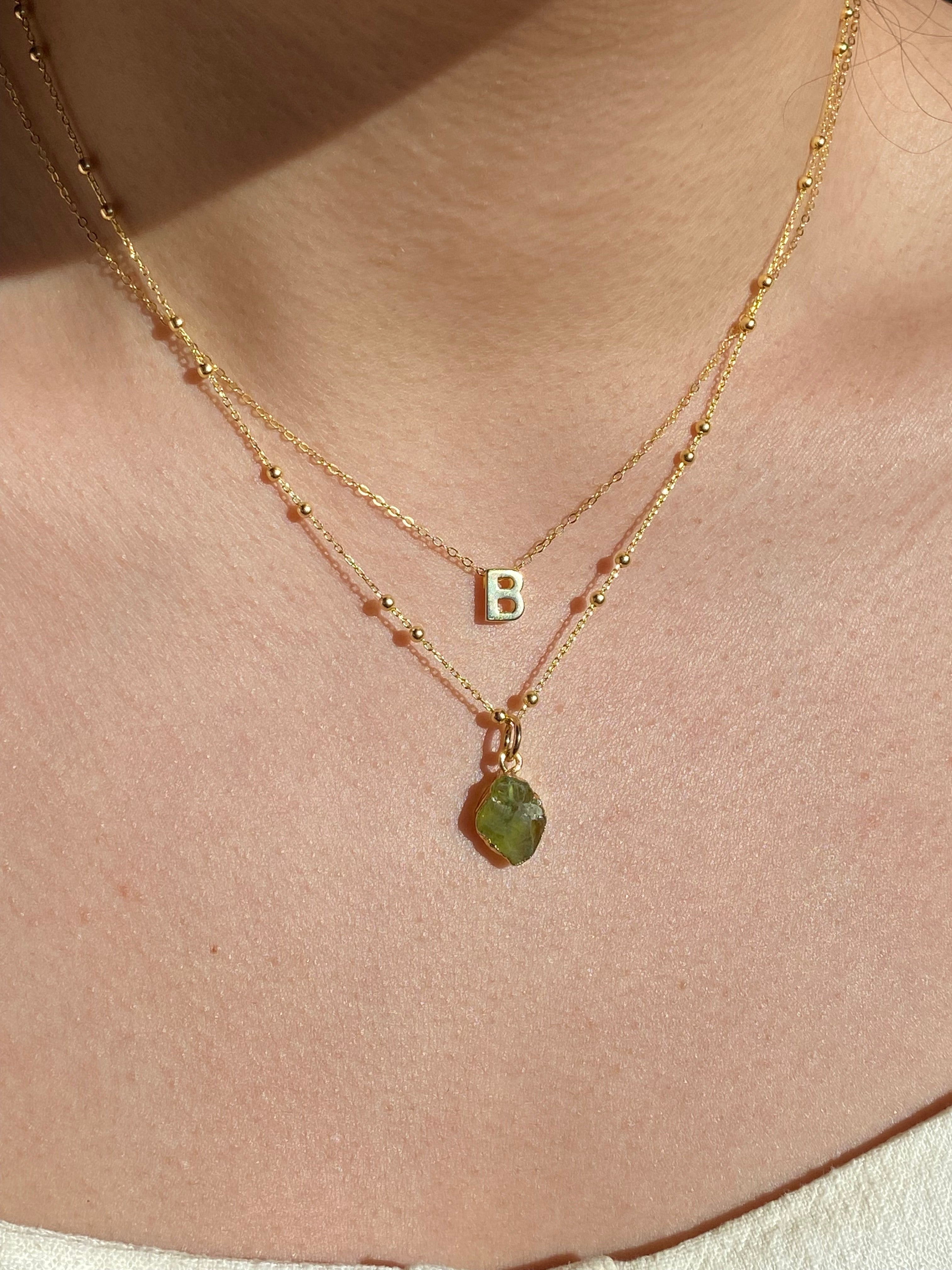 Alphabet + Flat Birthstone Necklace Set - August