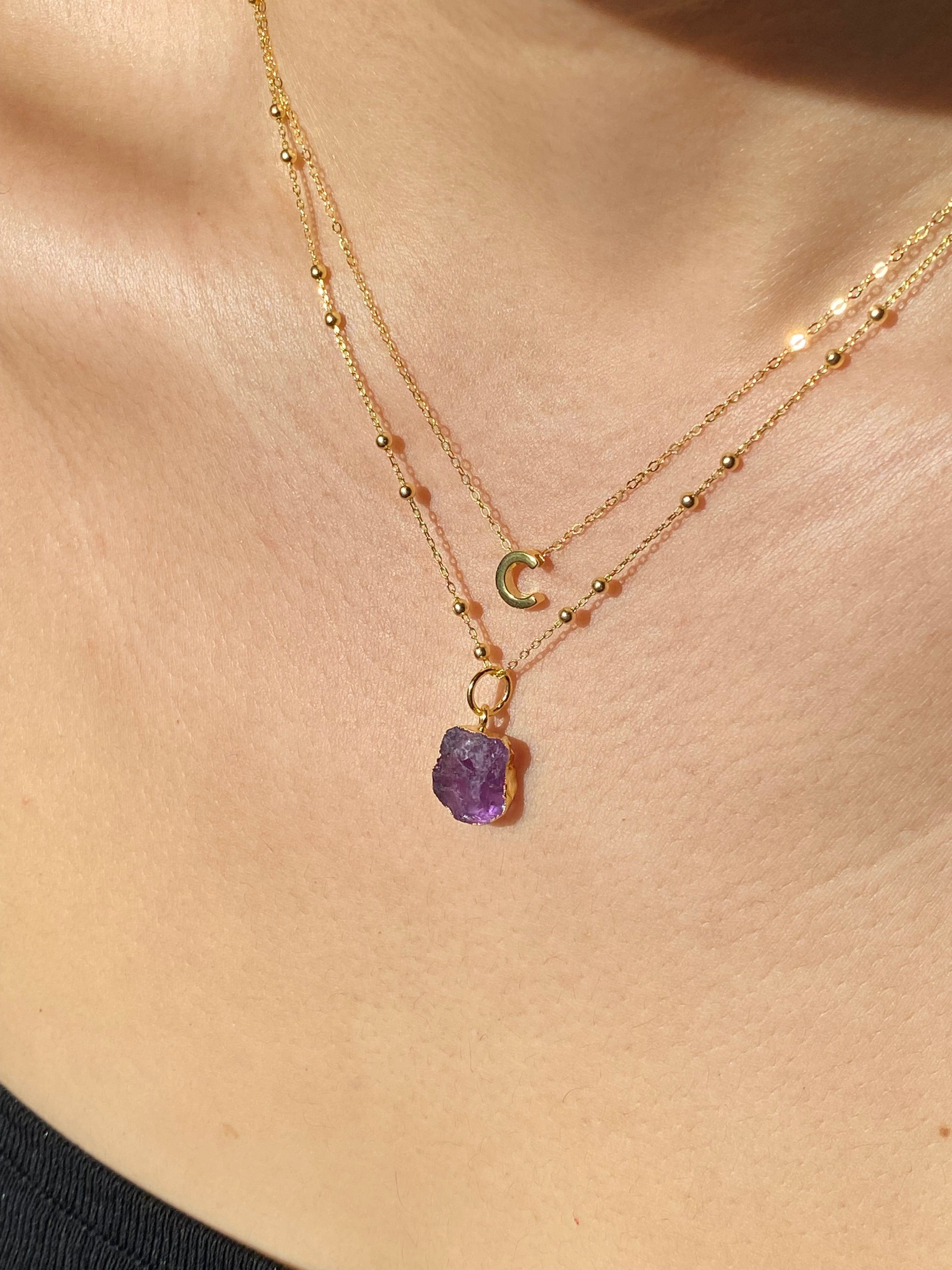 Alphabet + Flat Birthstone Necklace Set - February