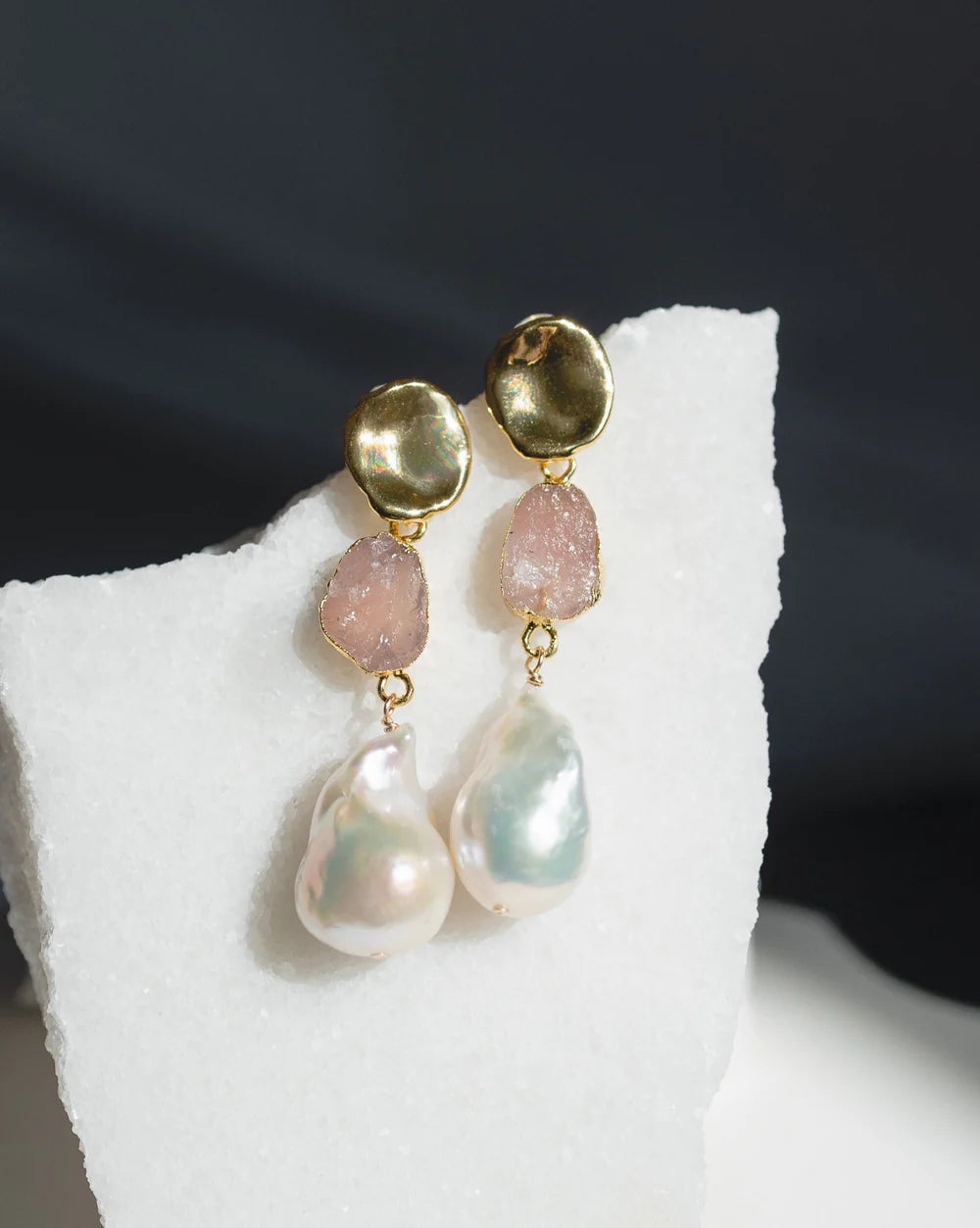 SAMPLE - October | Rose Quartz Birthstones x Pearls Earrings