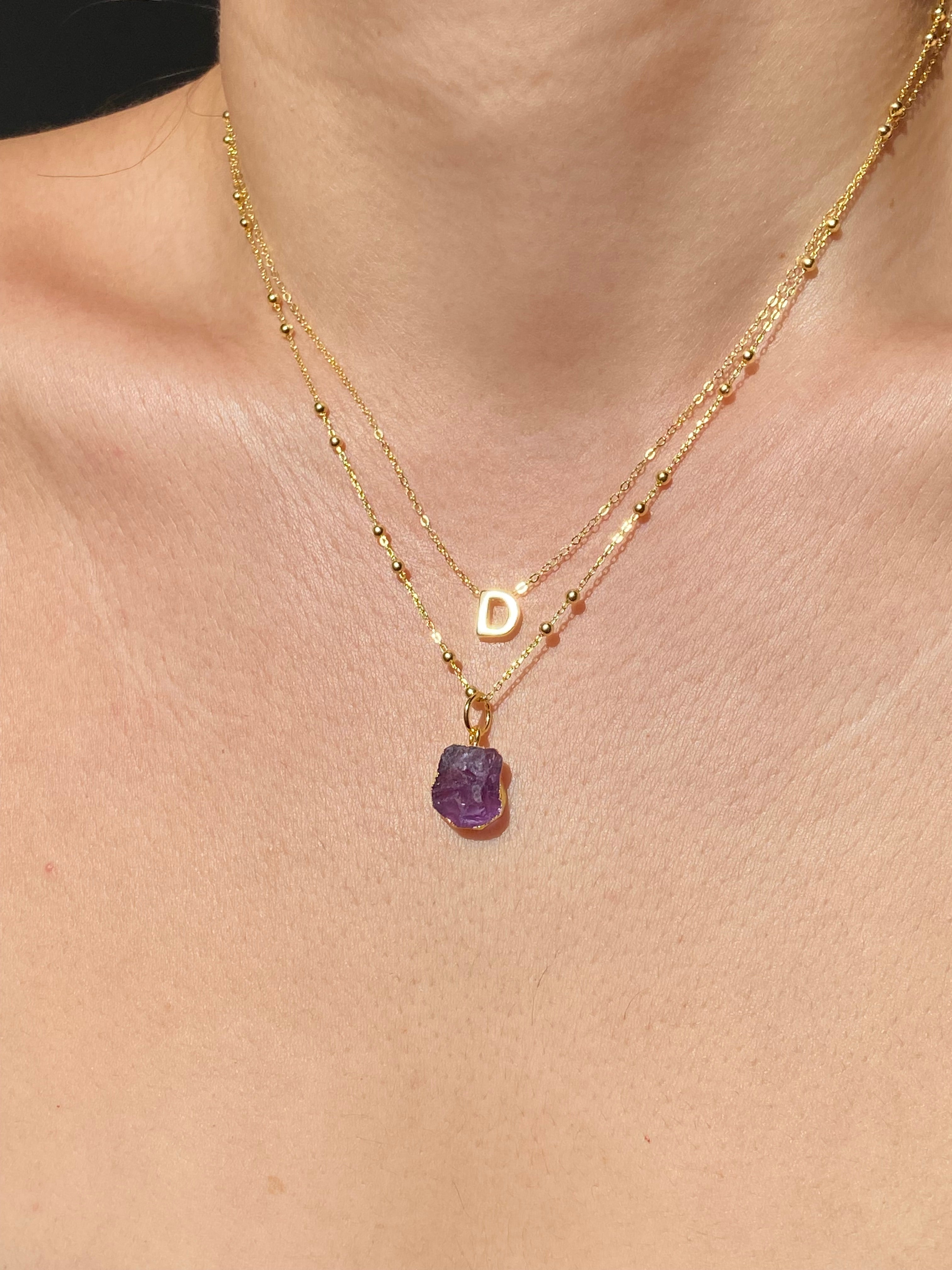 Alphabet + Flat Birthstone Necklace Set - February
