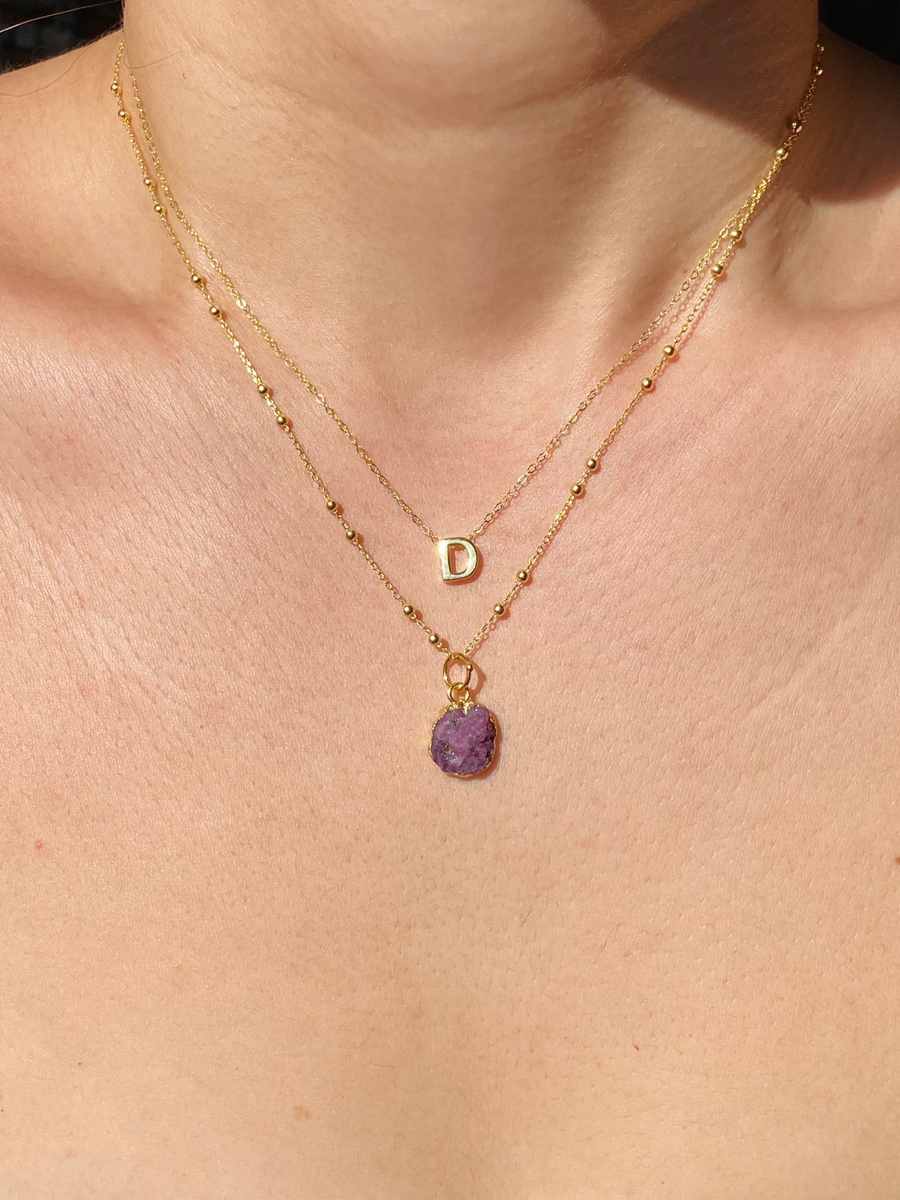 Alphabet + Flat Birthstone Necklace Set - July