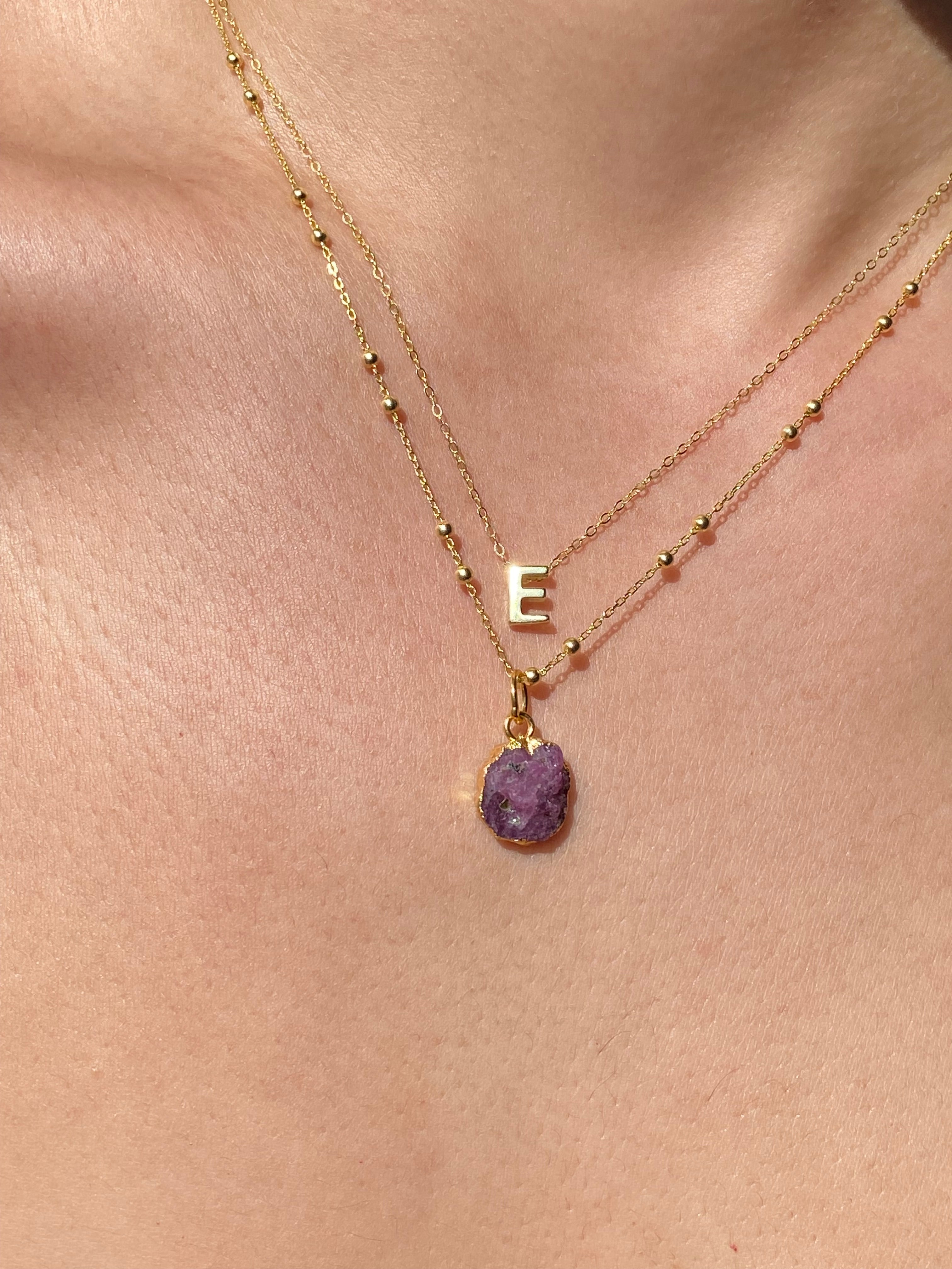 Alphabet + Flat Birthstone Necklace Set - July