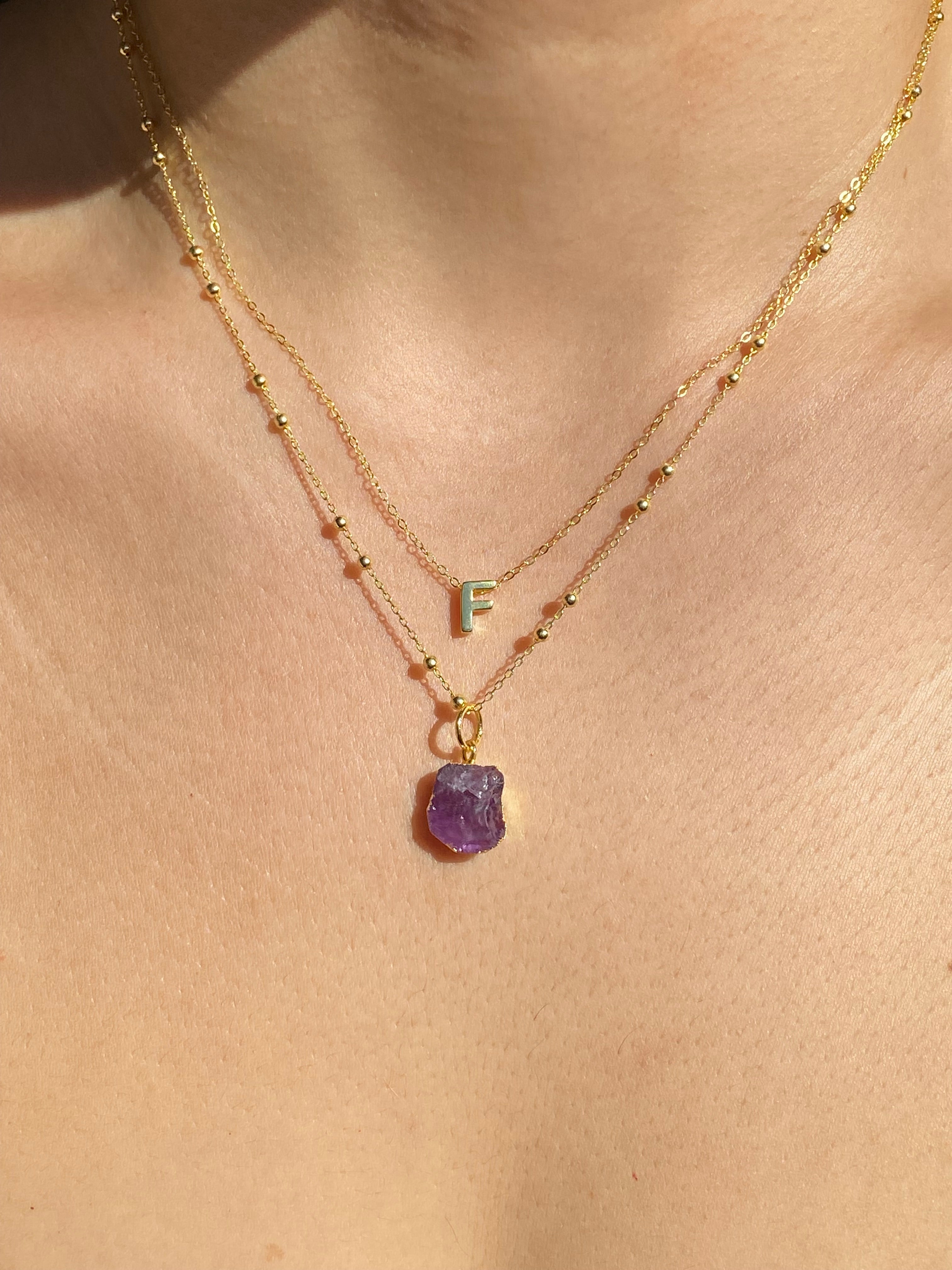 Alphabet + Flat Birthstone Necklace Set - February