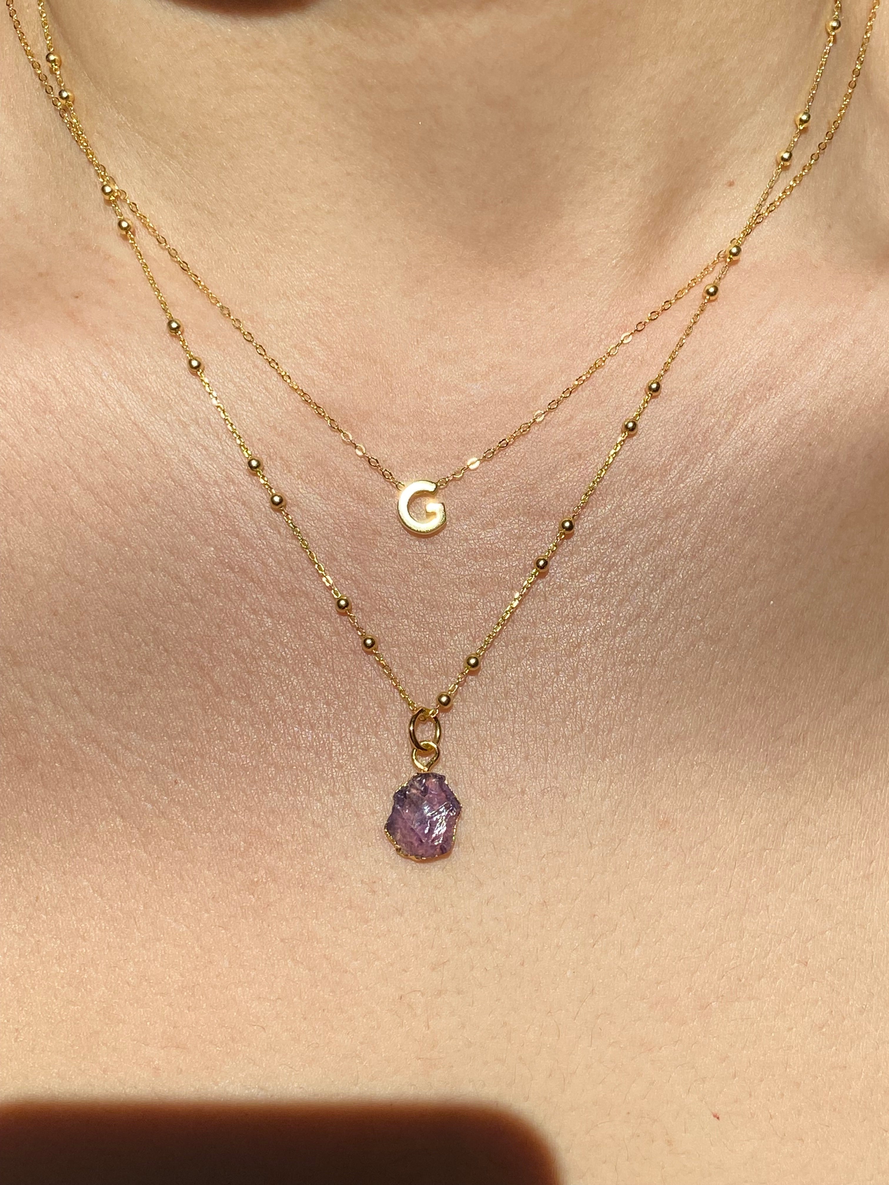 Alphabet + Flat Birthstone Necklace Set - February