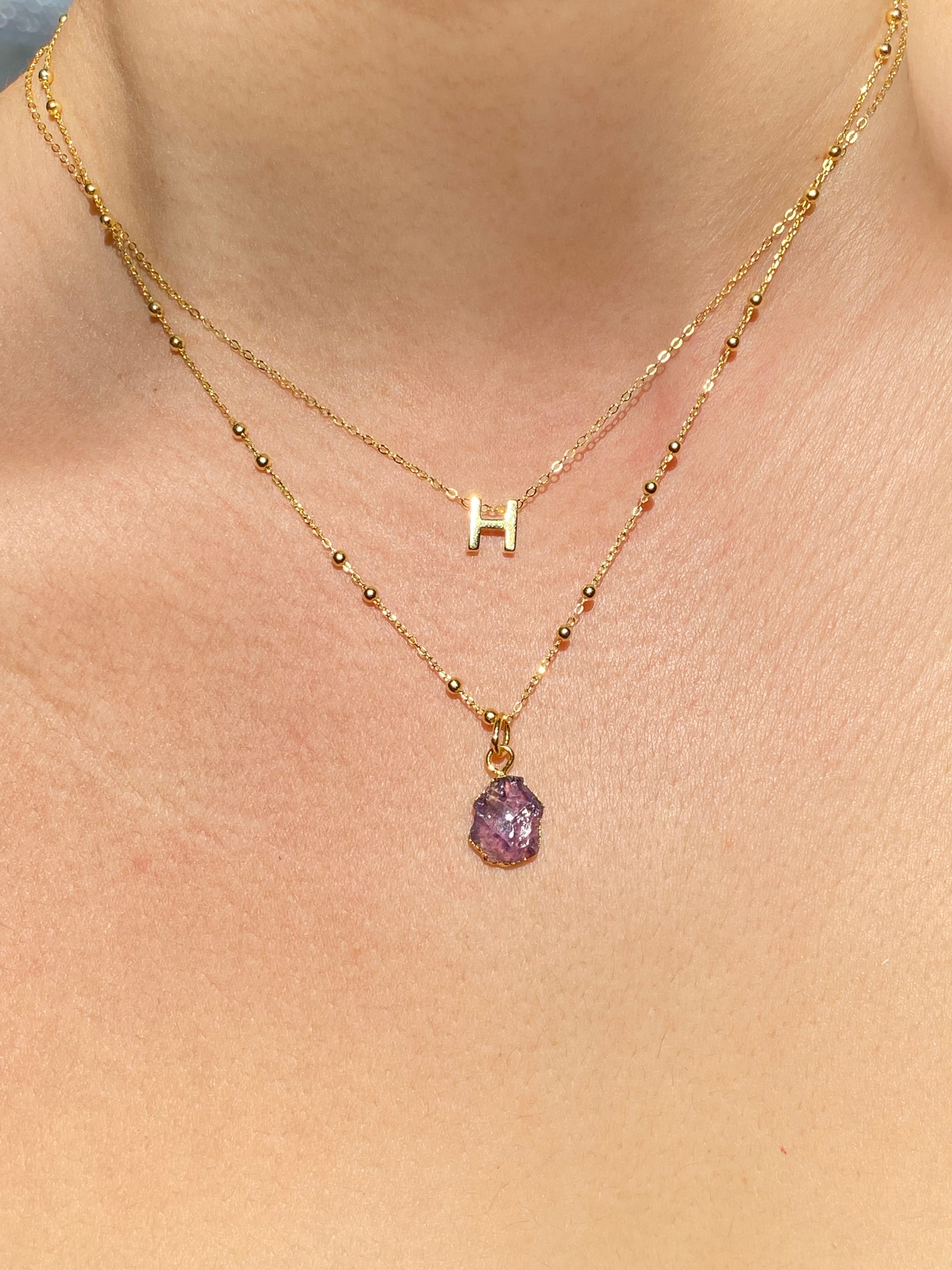 Alphabet + Flat Birthstone Necklace Set - February