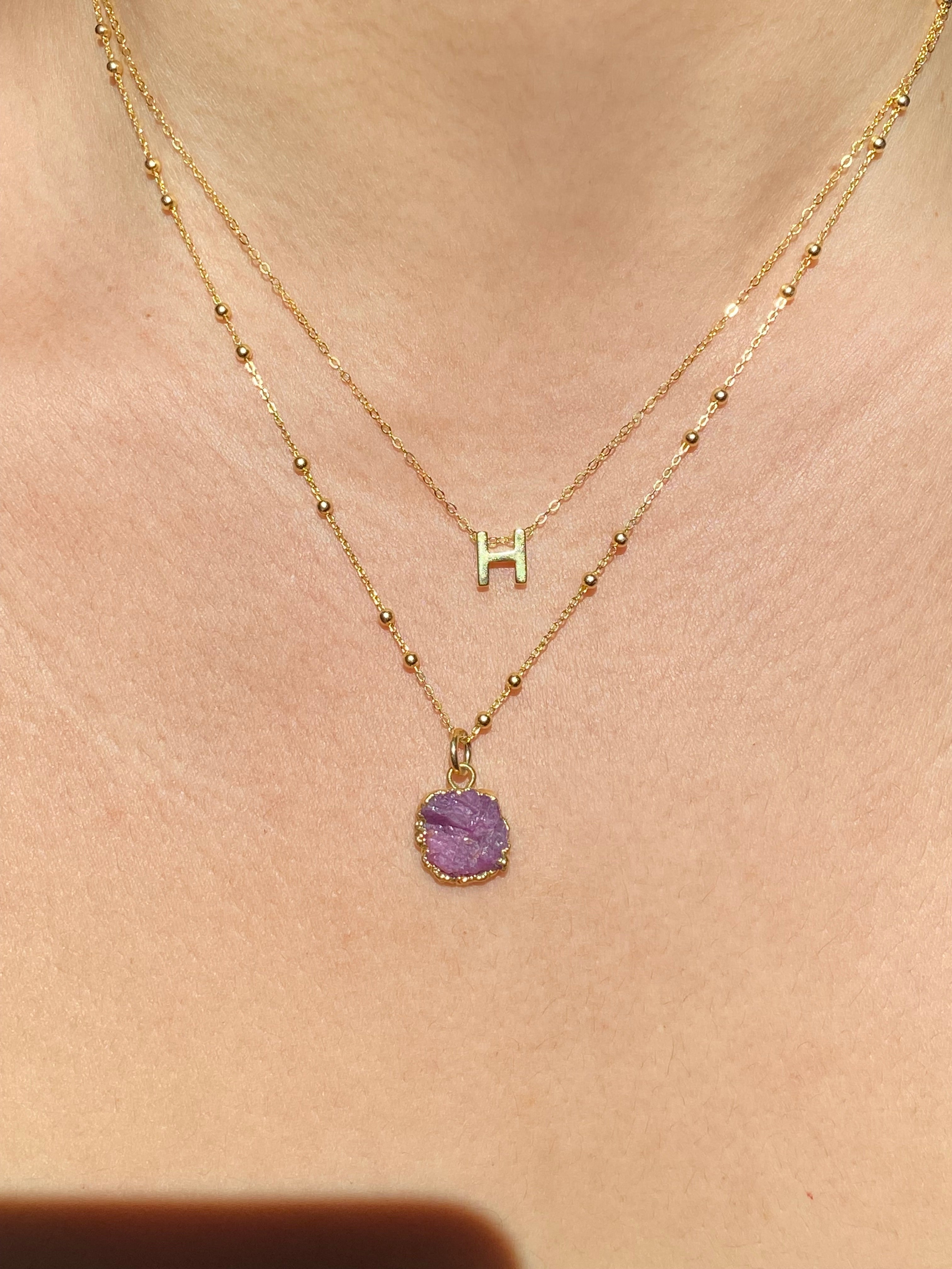 Alphabet + Flat Birthstone Necklace Set - July