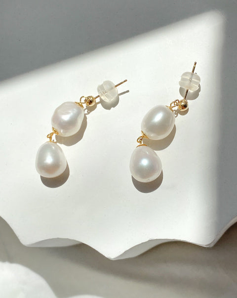 Elisse Double Pearl Studs | Solid Gold