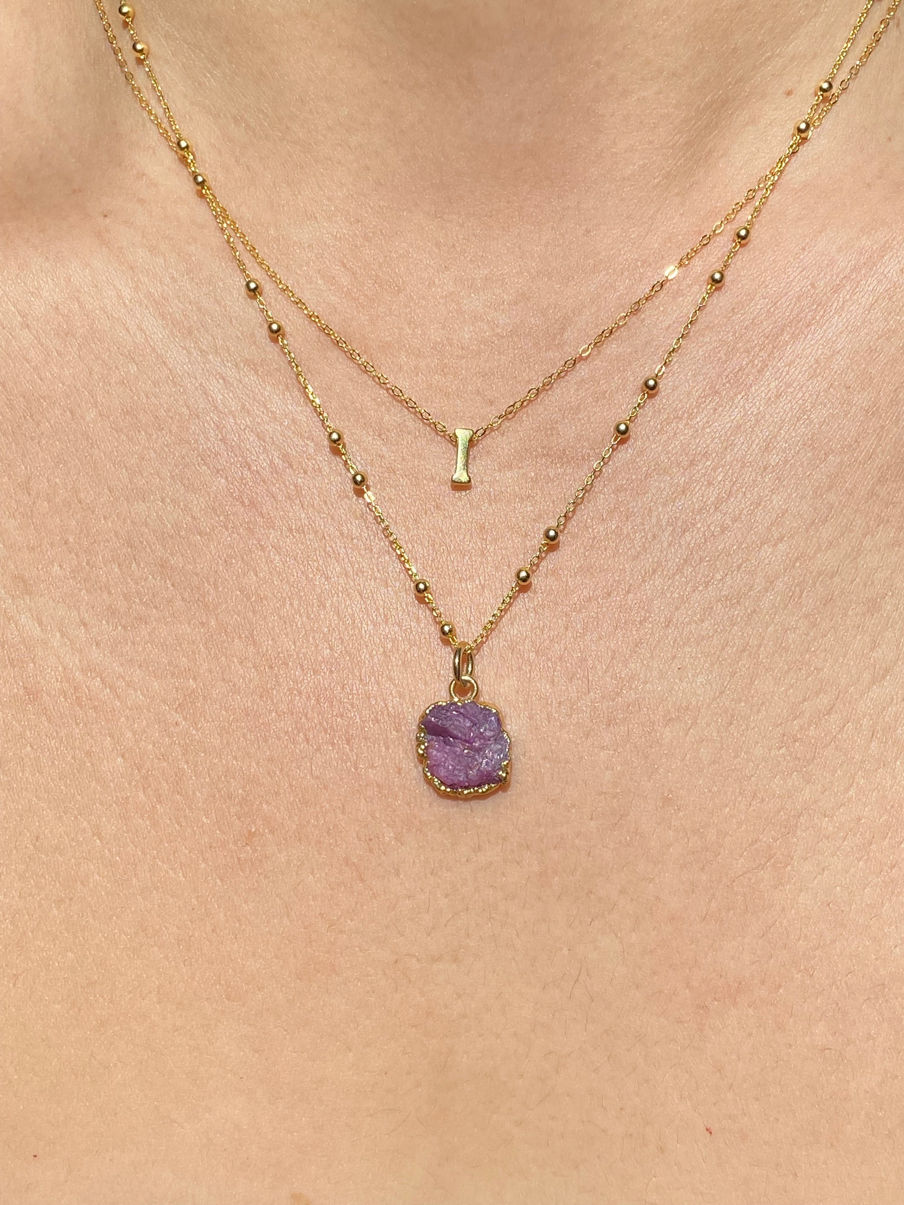 Alphabet + Flat Birthstone Necklace Set - July