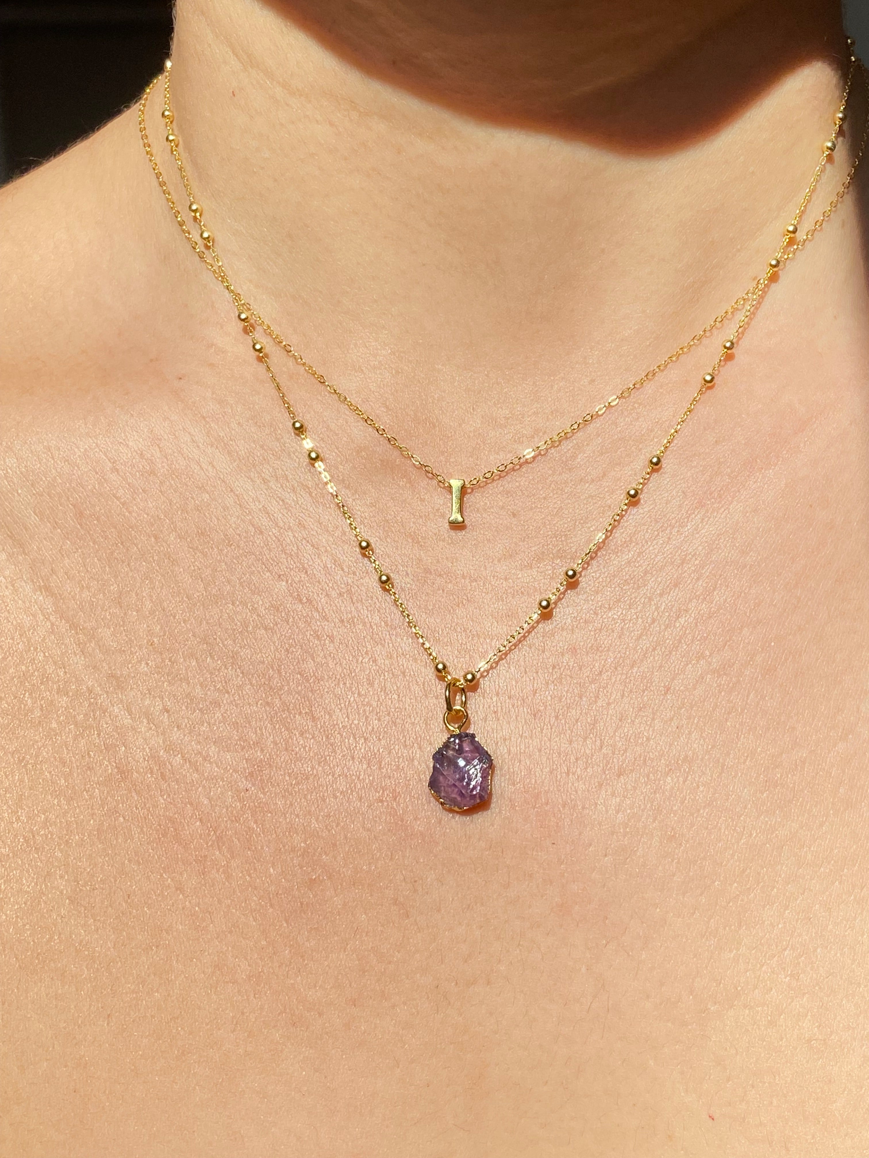 Alphabet + Flat Birthstone Necklace Set - February