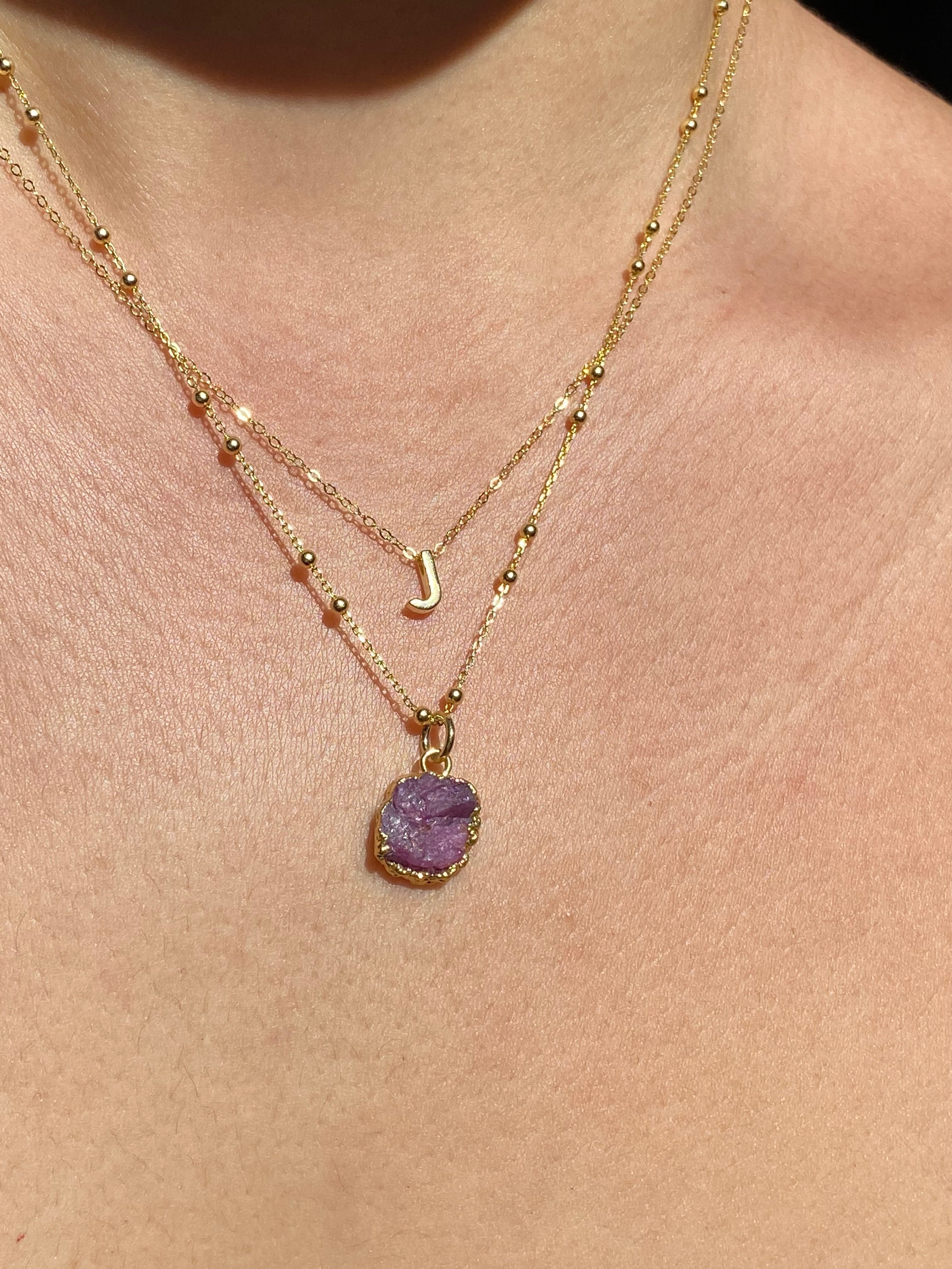 Alphabet + Flat Birthstone Necklace Set - July