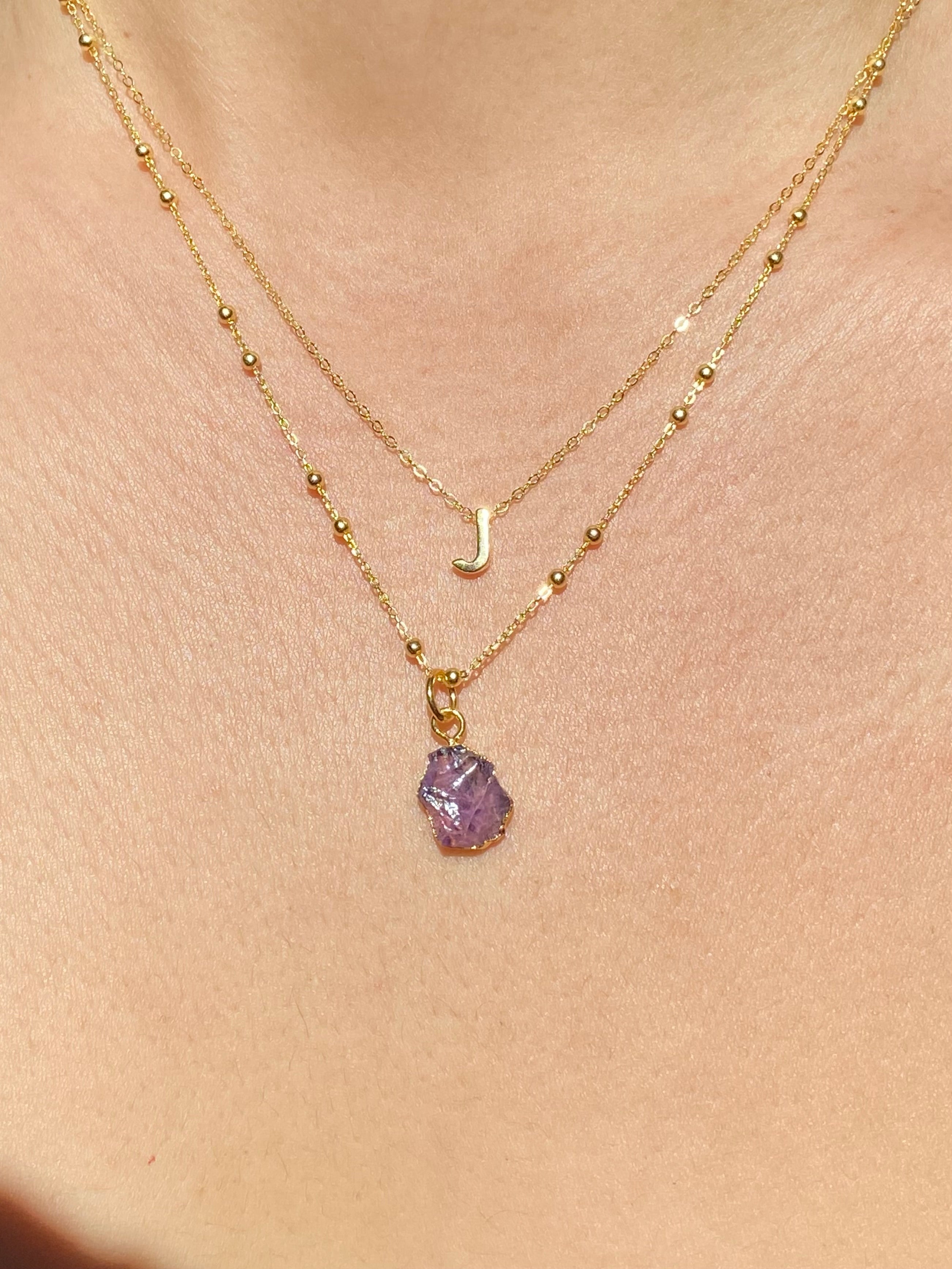 Alphabet + Flat Birthstone Necklace Set - February