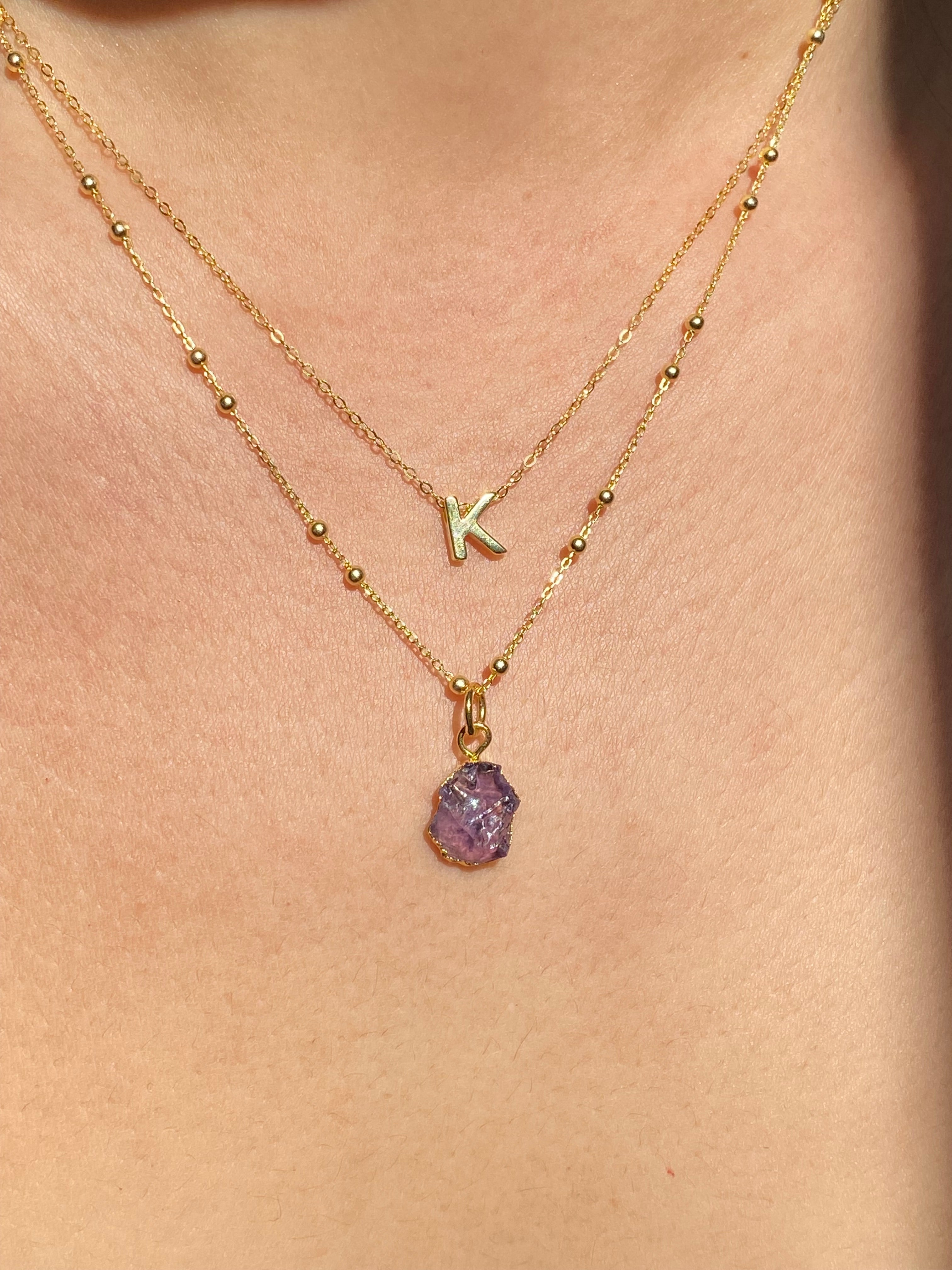Alphabet + Flat Birthstone Necklace Set - February