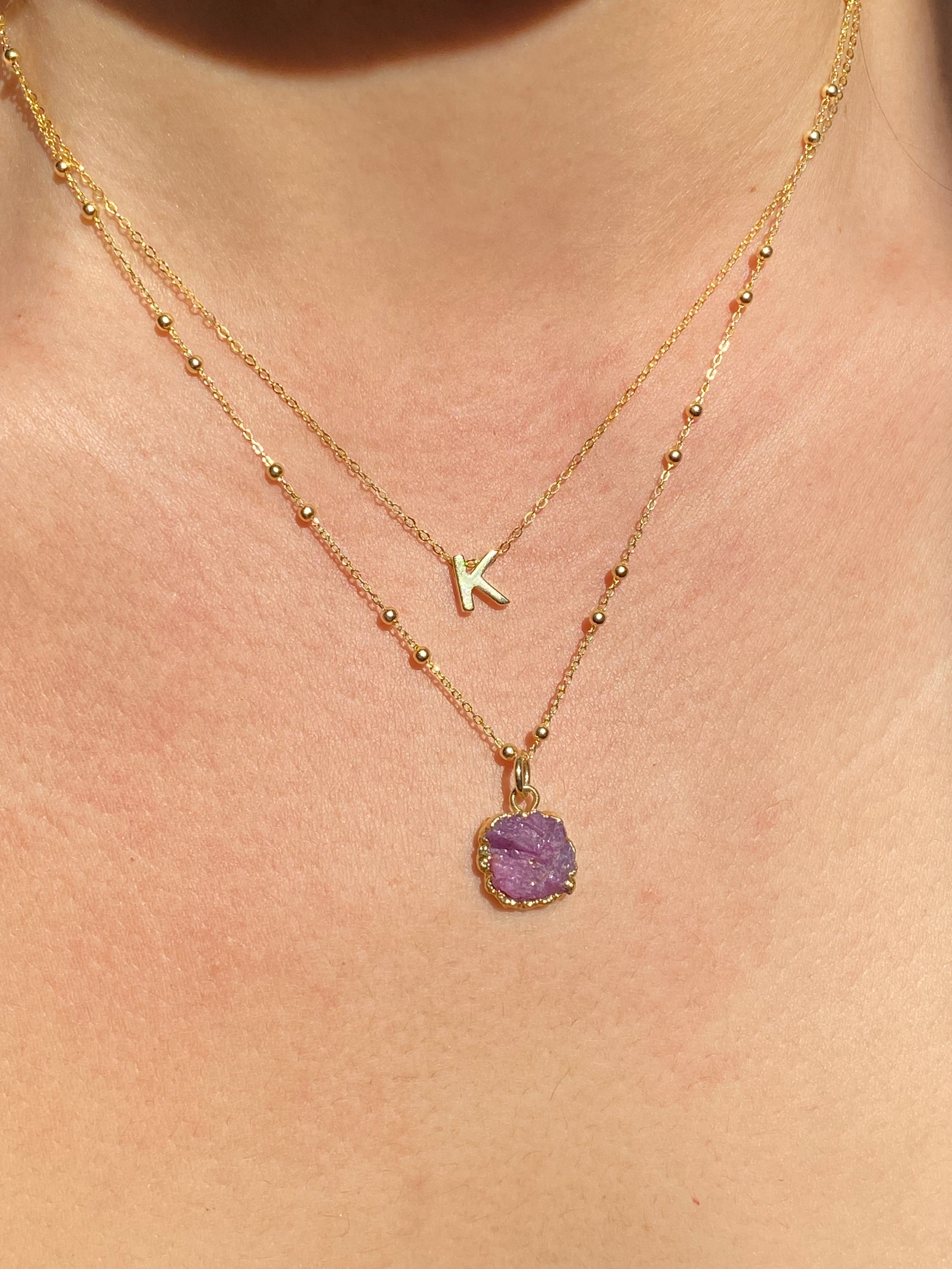 Alphabet + Flat Birthstone Necklace Set - July