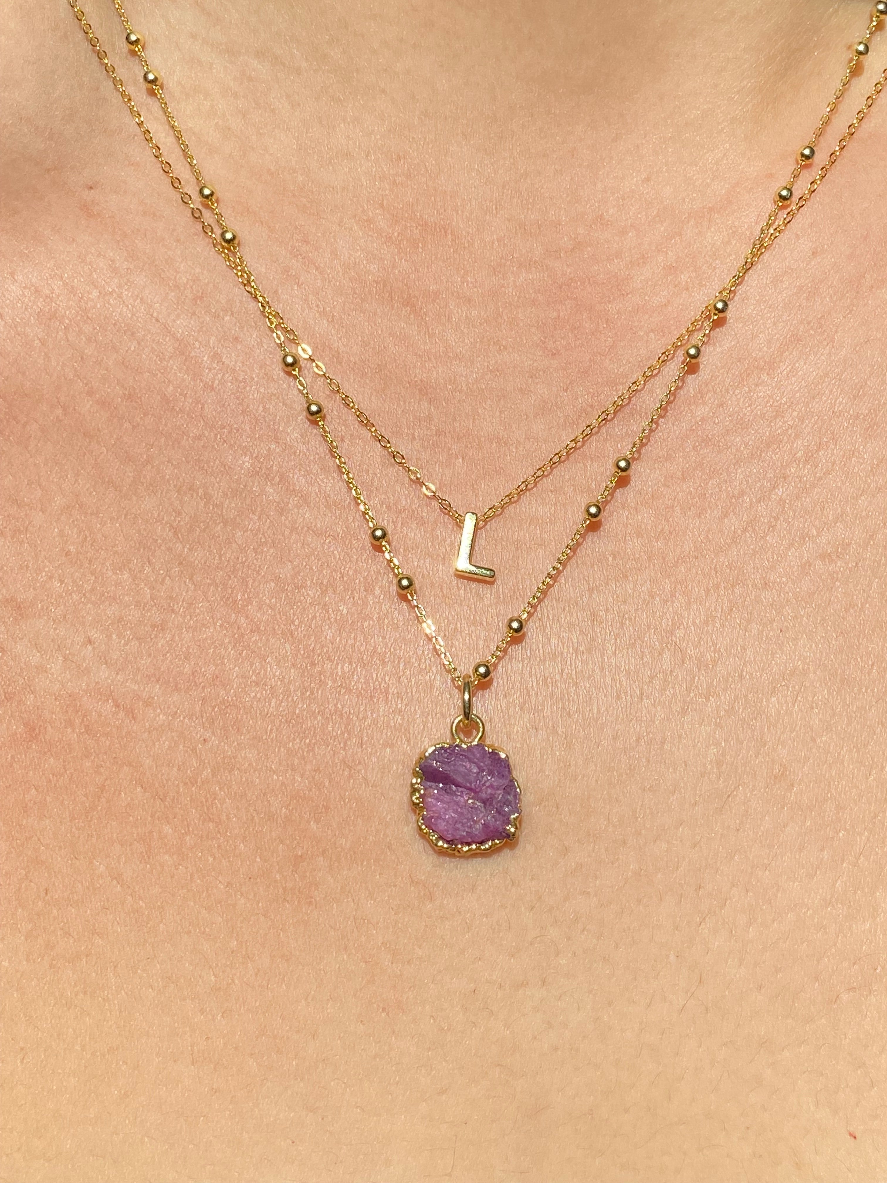 Alphabet + Flat Birthstone Necklace Set - July