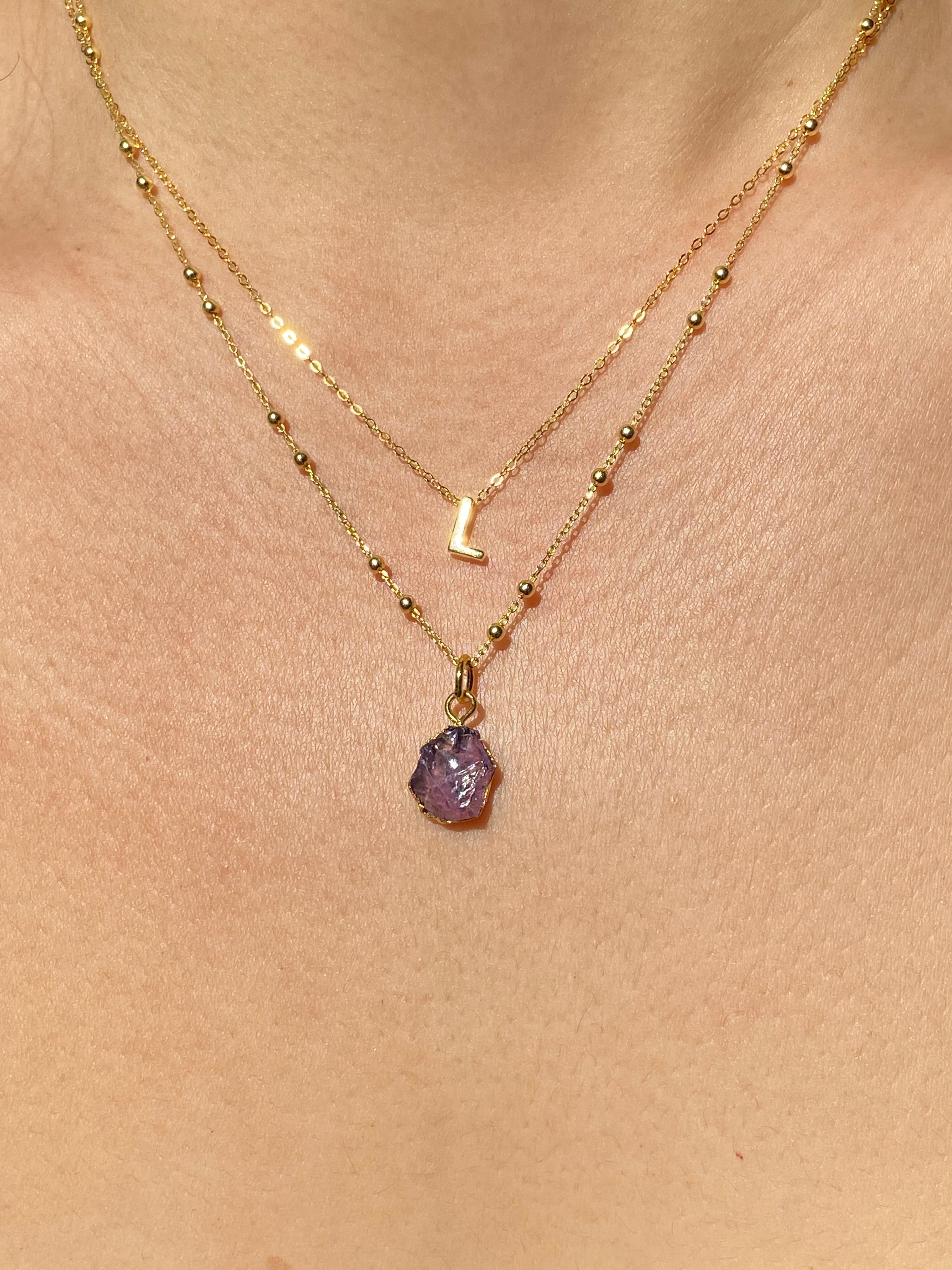 Alphabet + Flat Birthstone Necklace Set - February