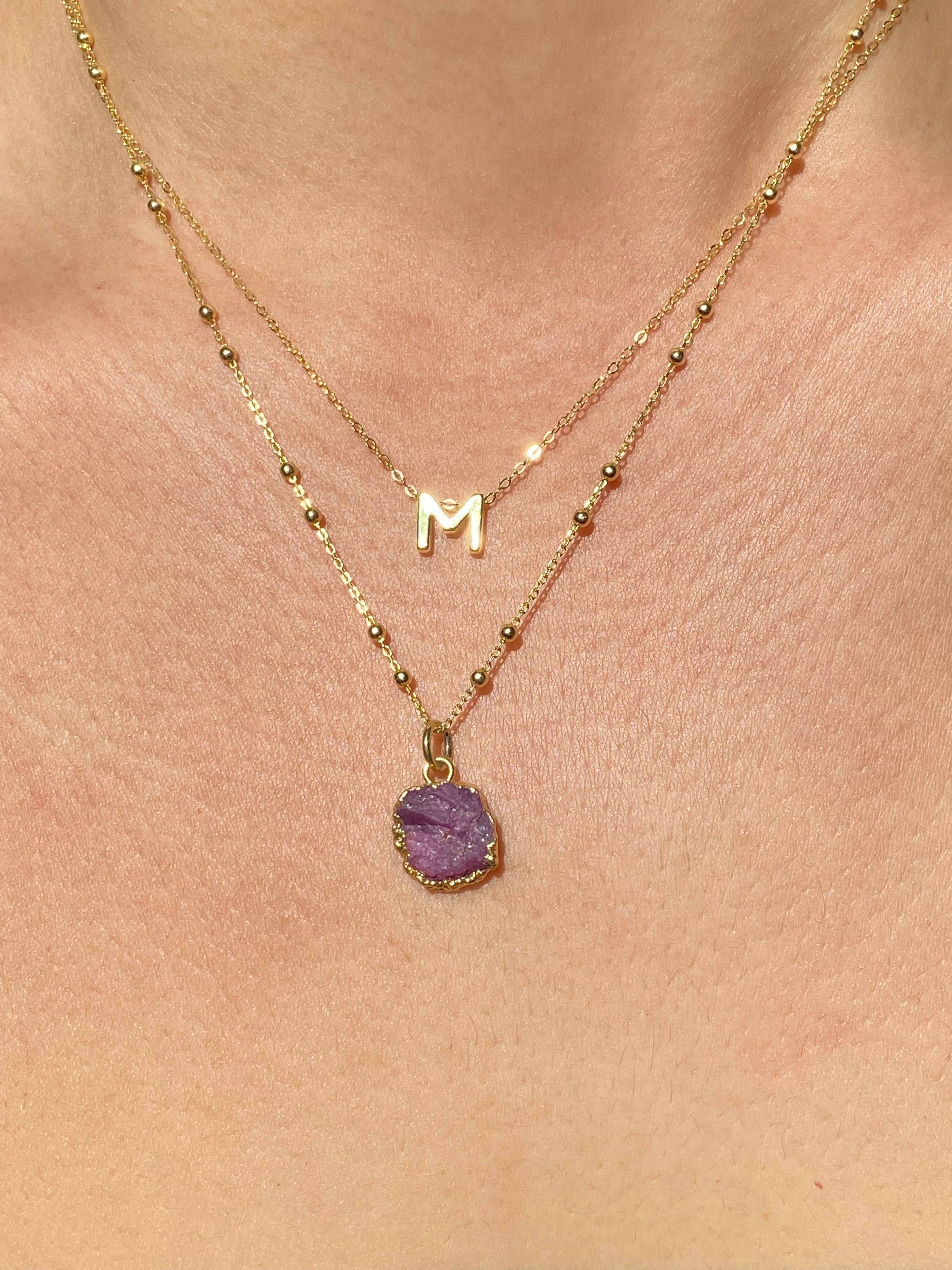 Alphabet + Flat Birthstone Necklace Set - July