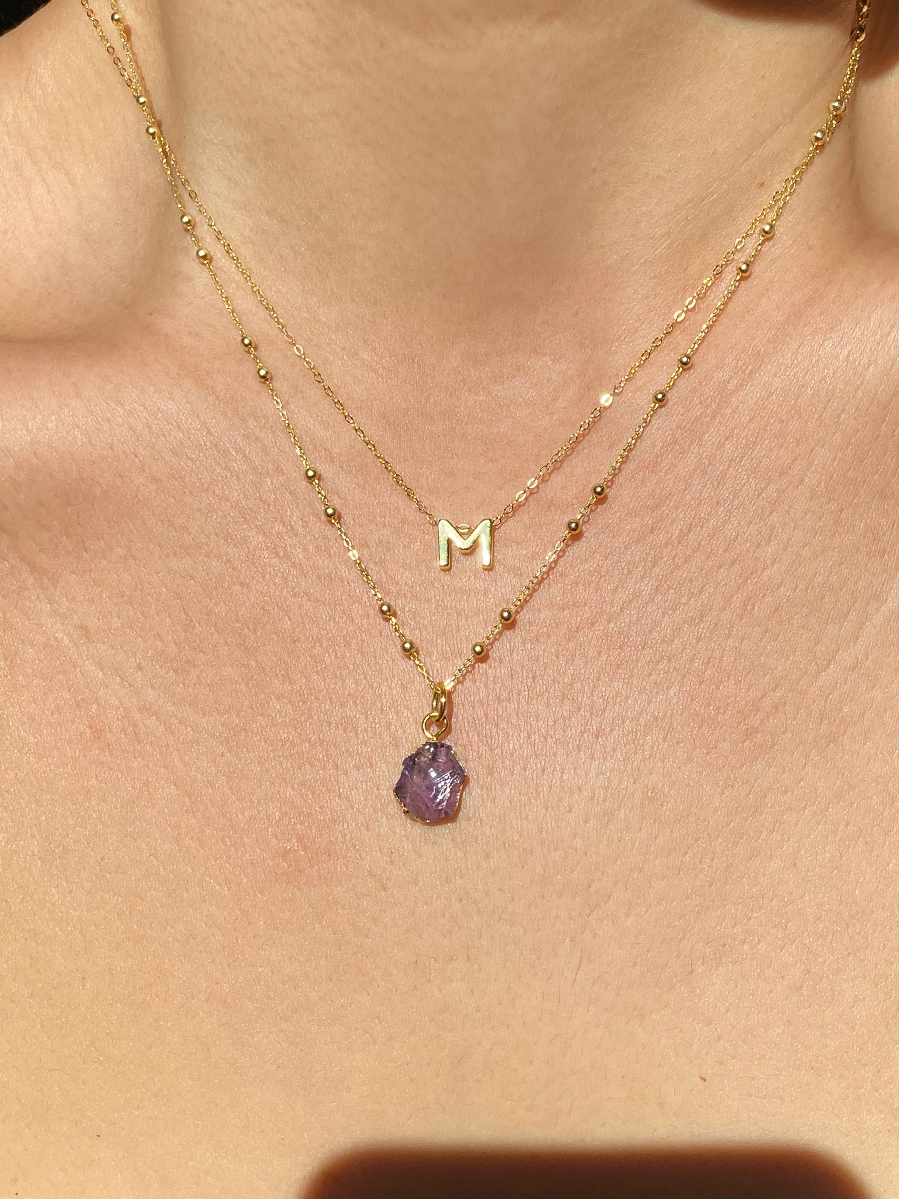 Alphabet + Flat Birthstone Necklace Set - February