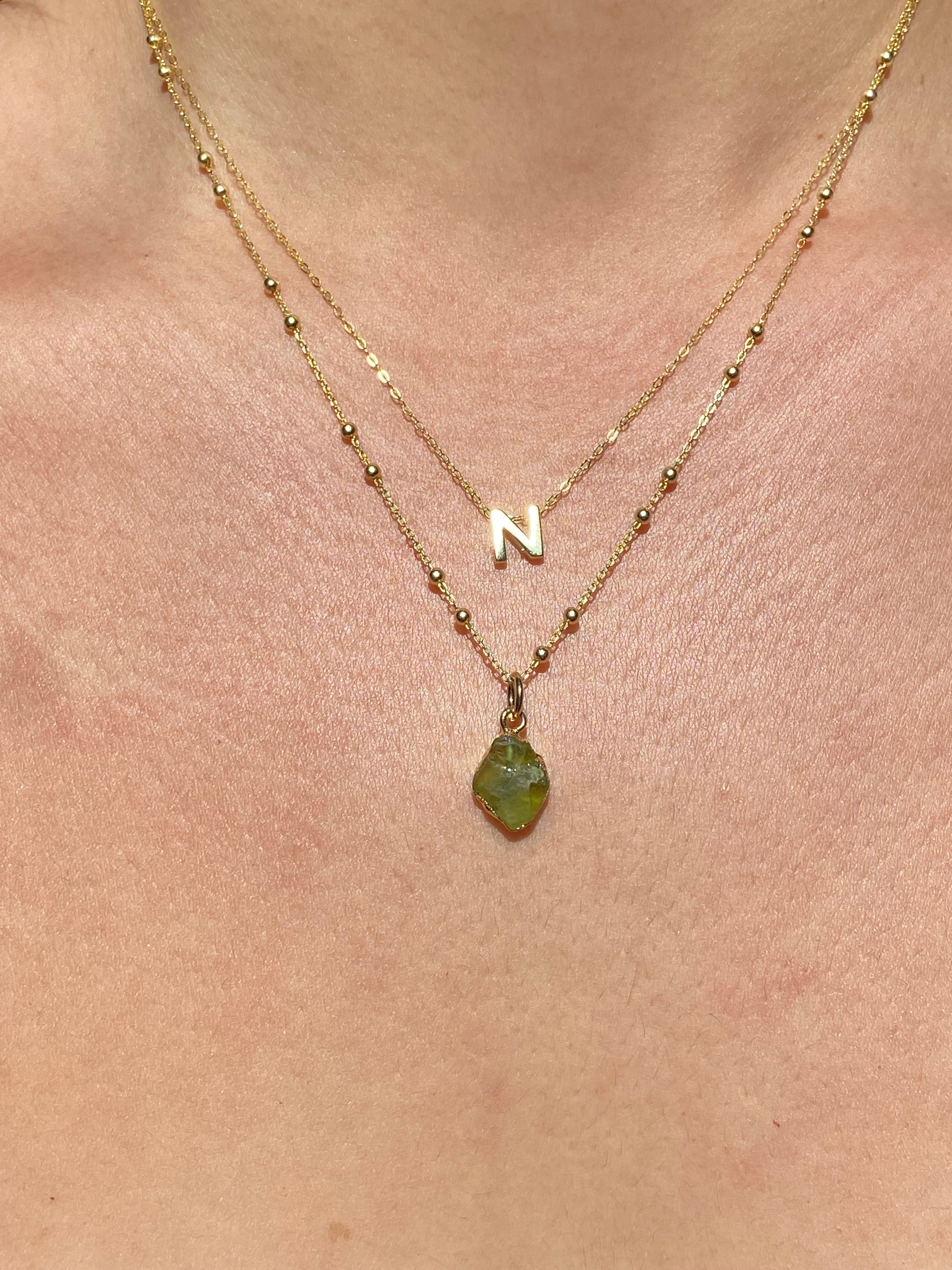 Alphabet + Flat Birthstone Necklace Set - August