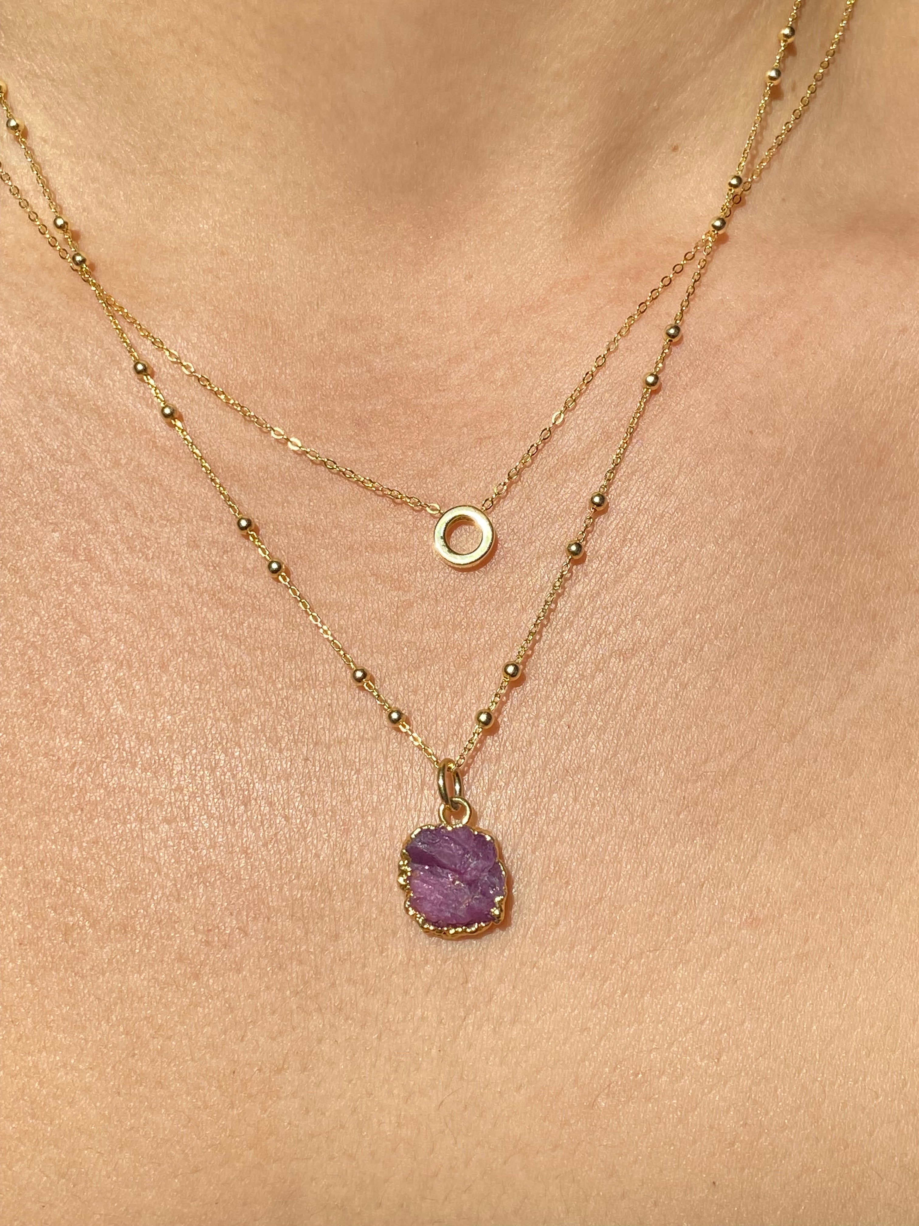 Alphabet + Flat Birthstone Necklace Set - July