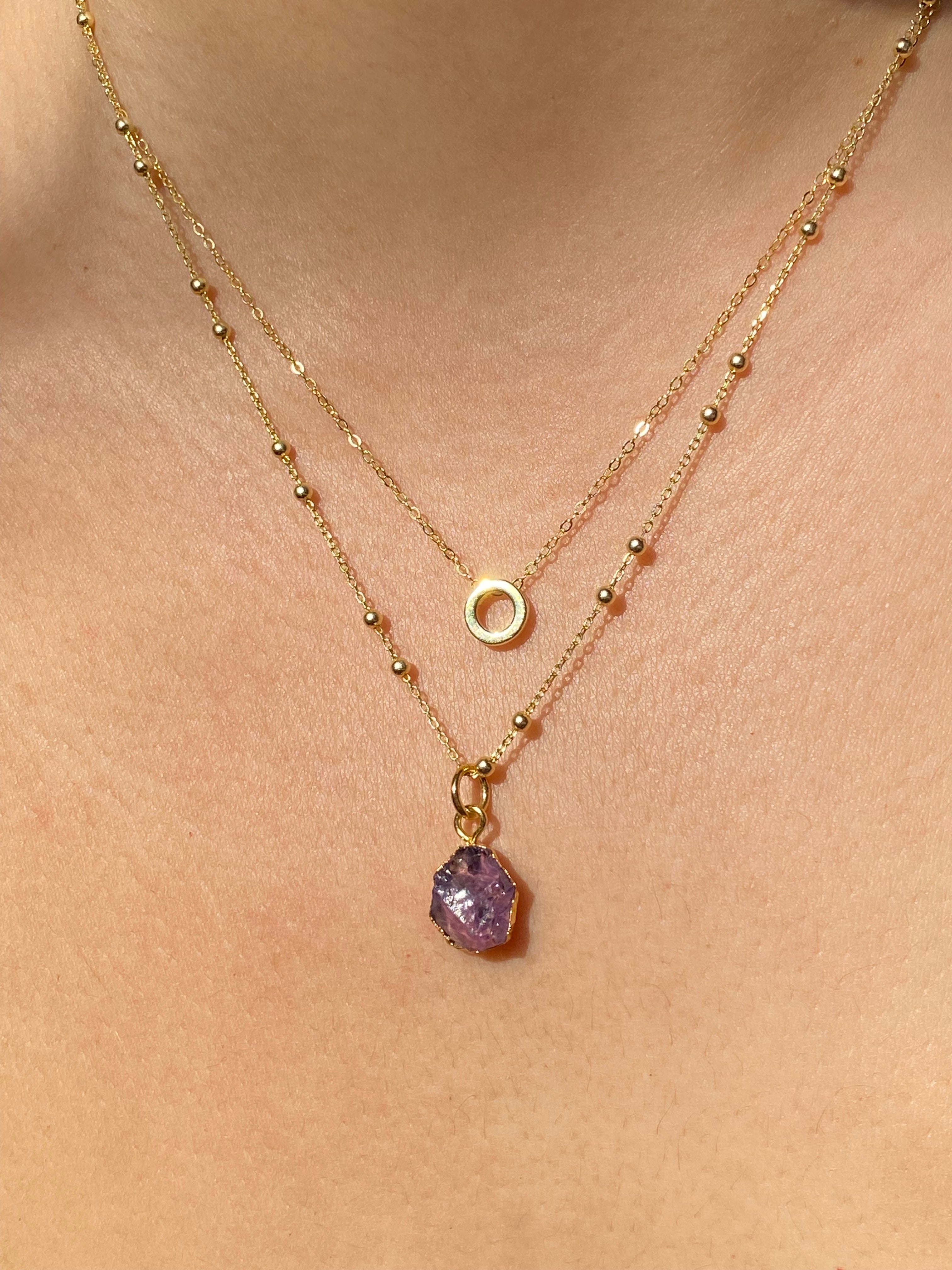 Alphabet + Flat Birthstone Necklace Set - February