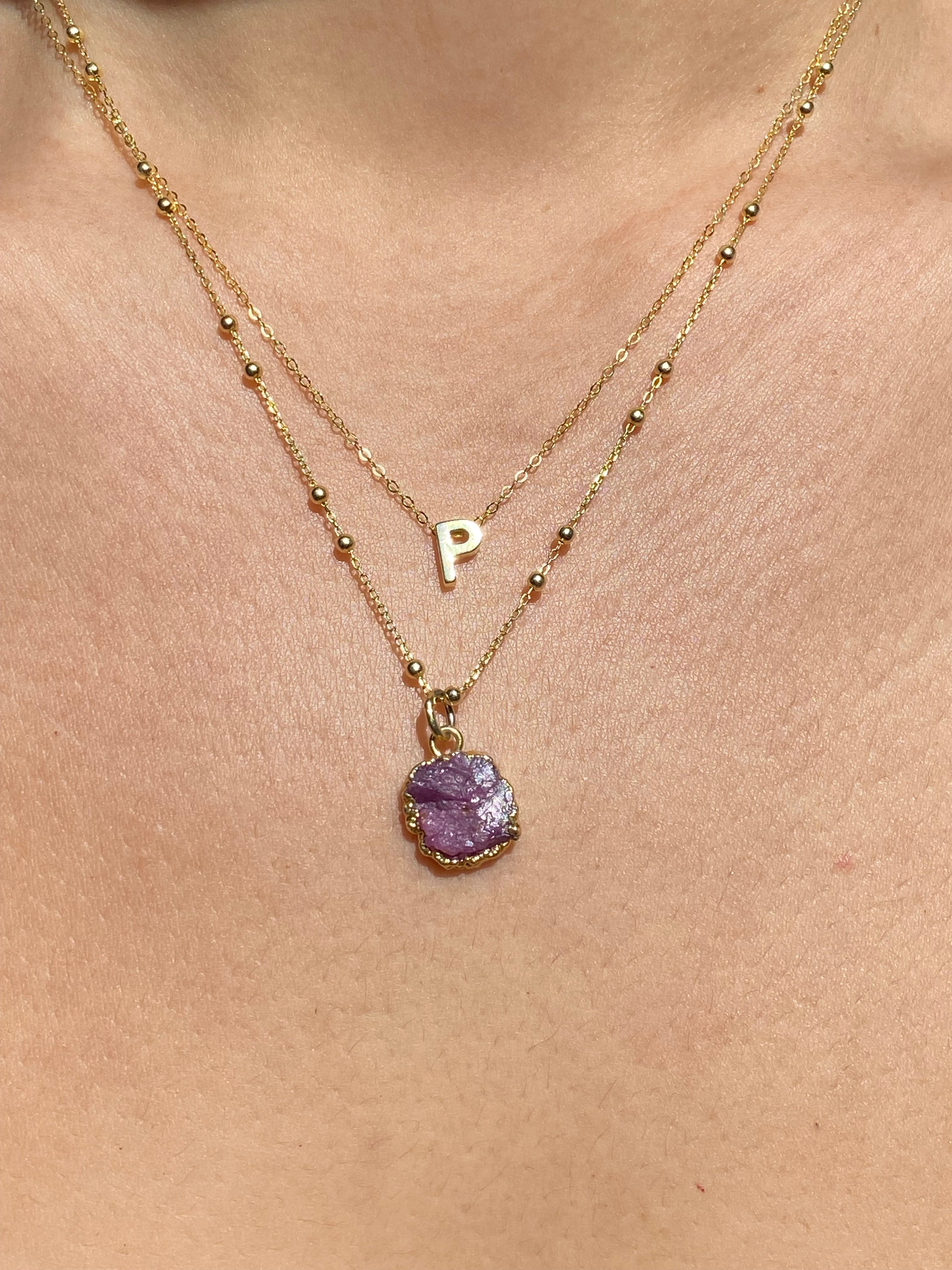 Alphabet + Flat Birthstone Necklace Set - July