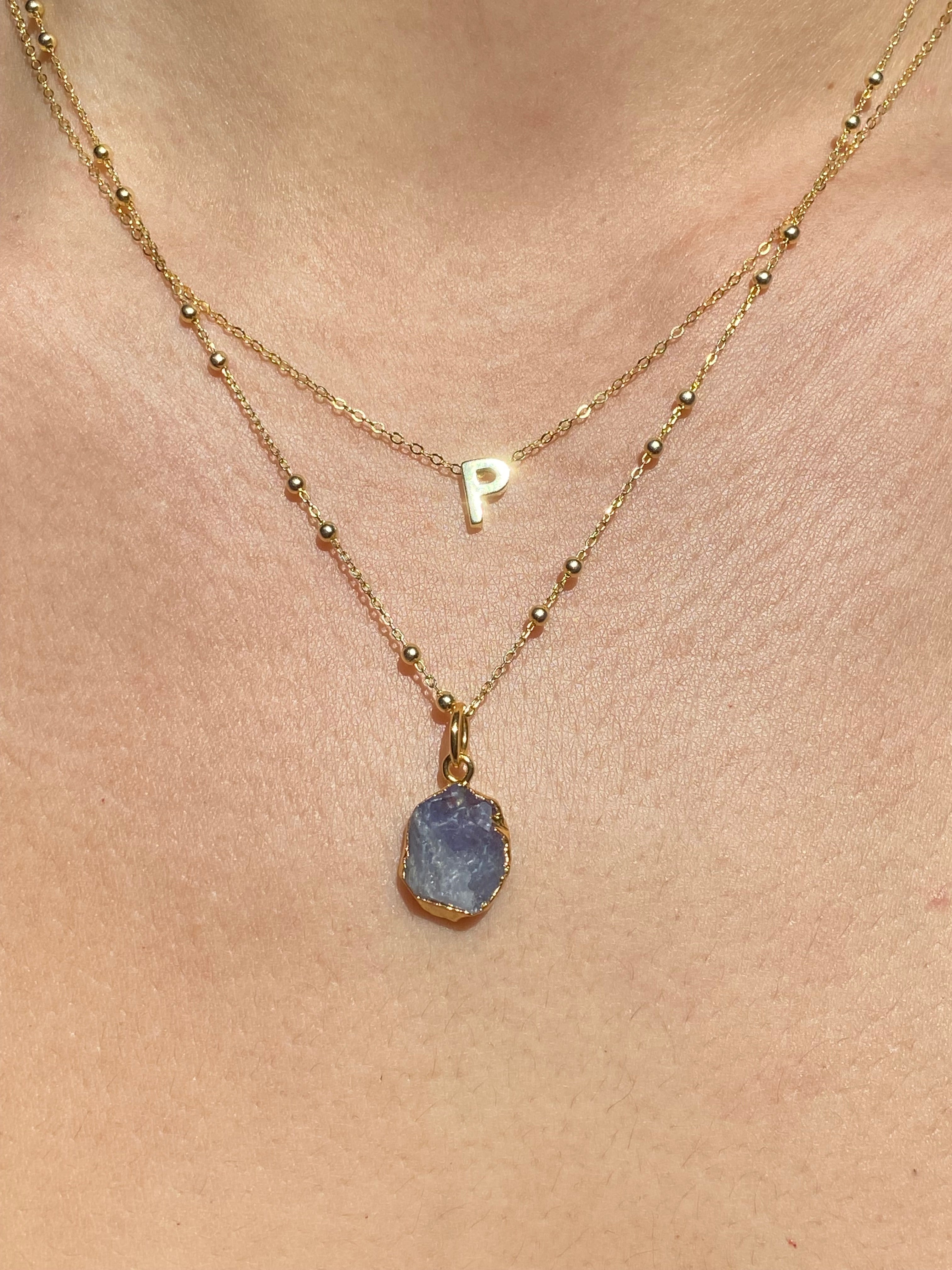 Alphabet + Flat Birthstone Necklace Set - December
