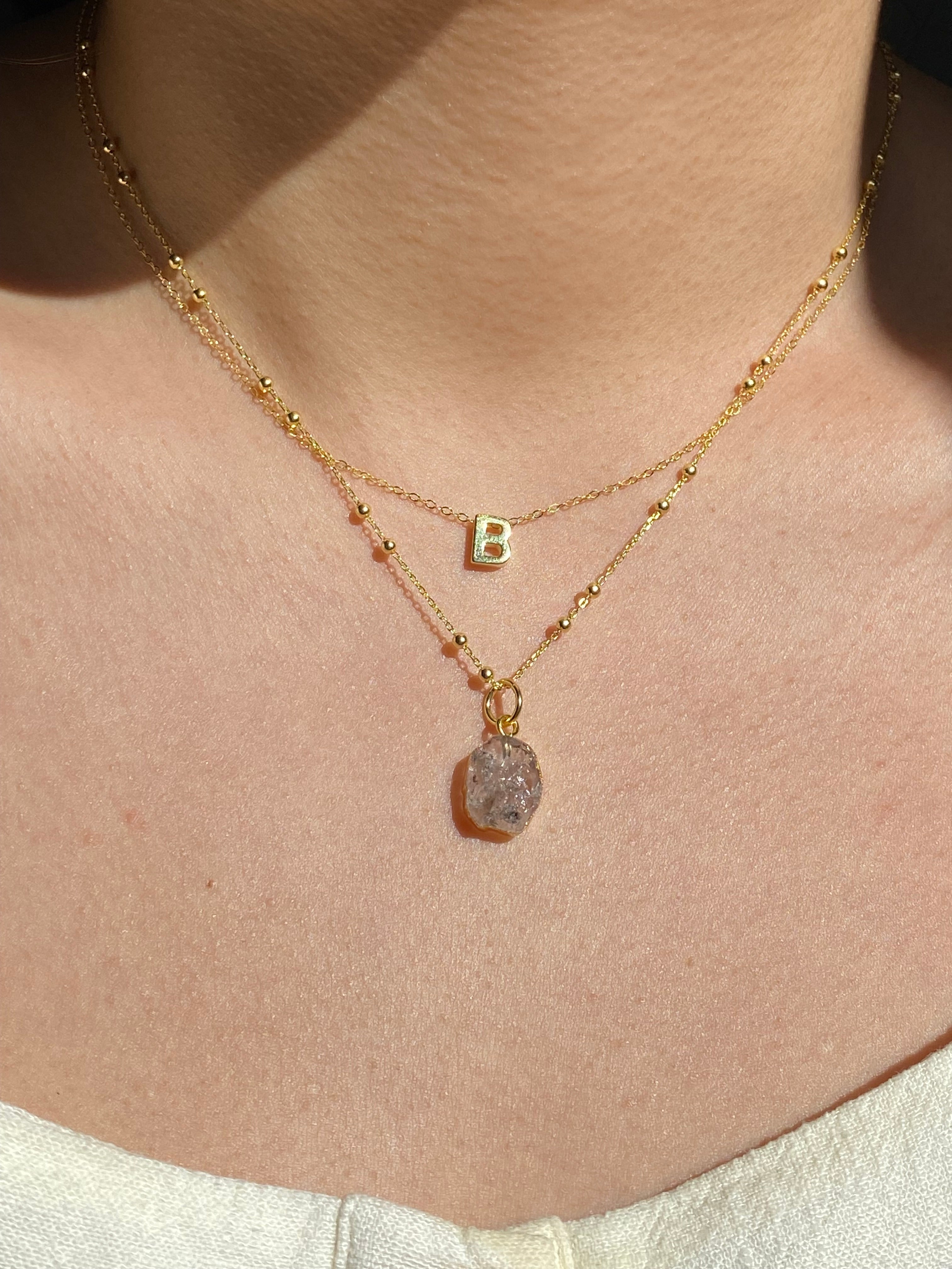 Alphabet + Flat Birthstone Necklace Set - April