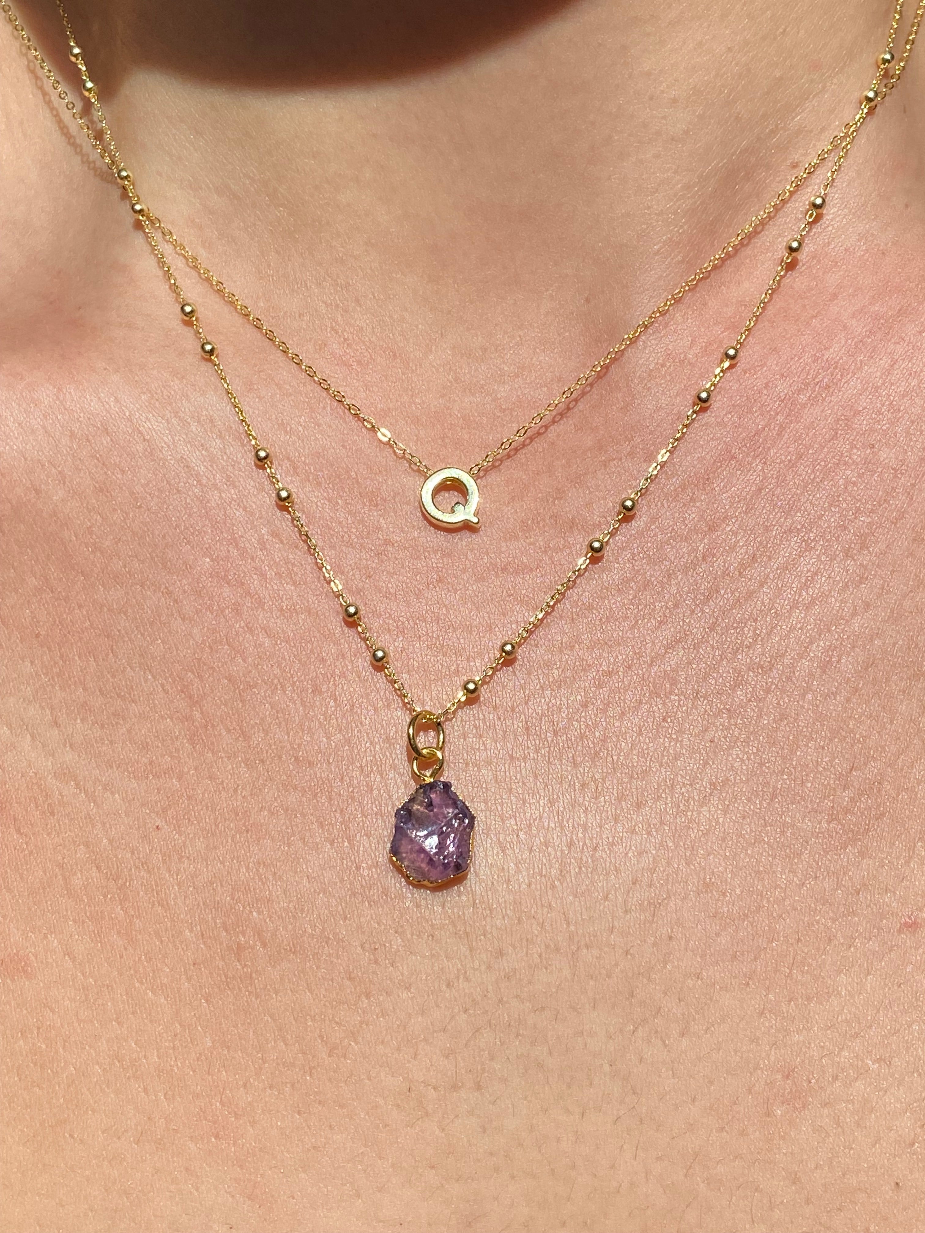 Alphabet + Flat Birthstone Necklace Set - February