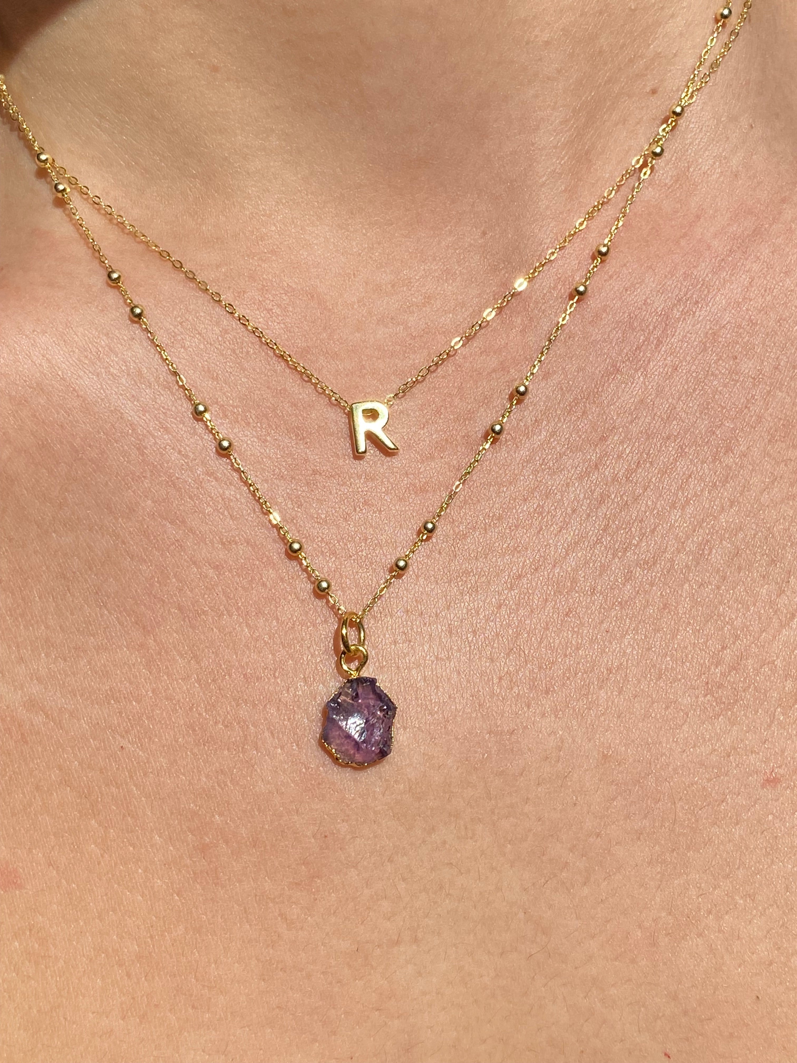 Alphabet + Flat Birthstone Necklace Set - February