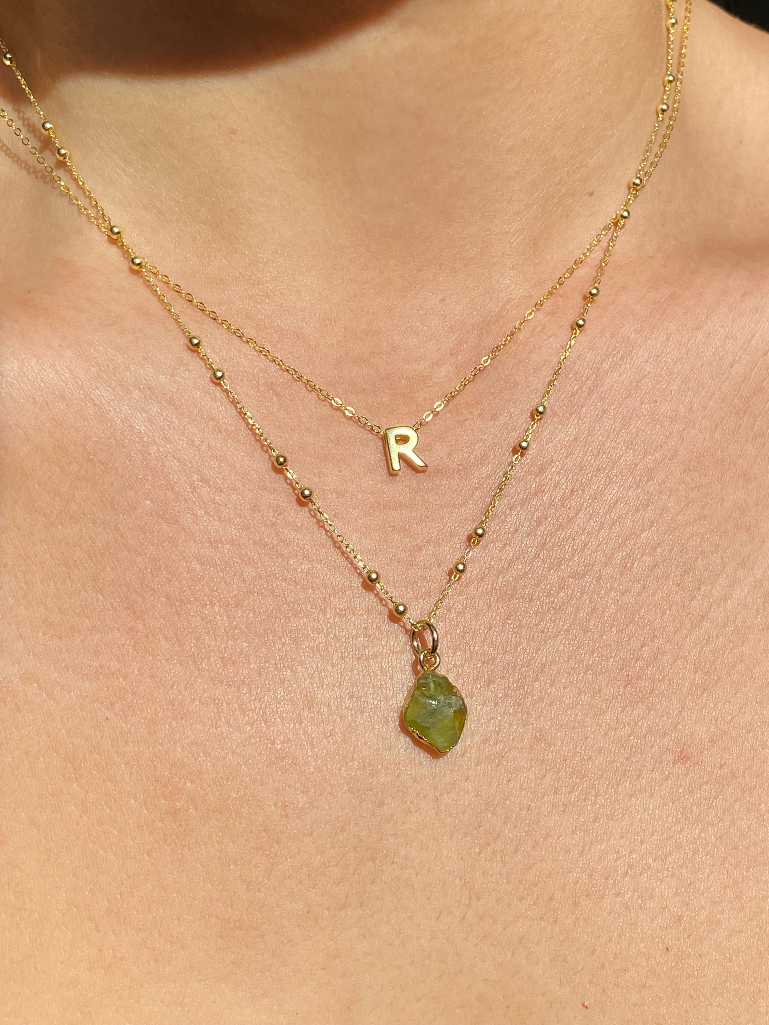 Alphabet + Flat Birthstone Necklace Set - August