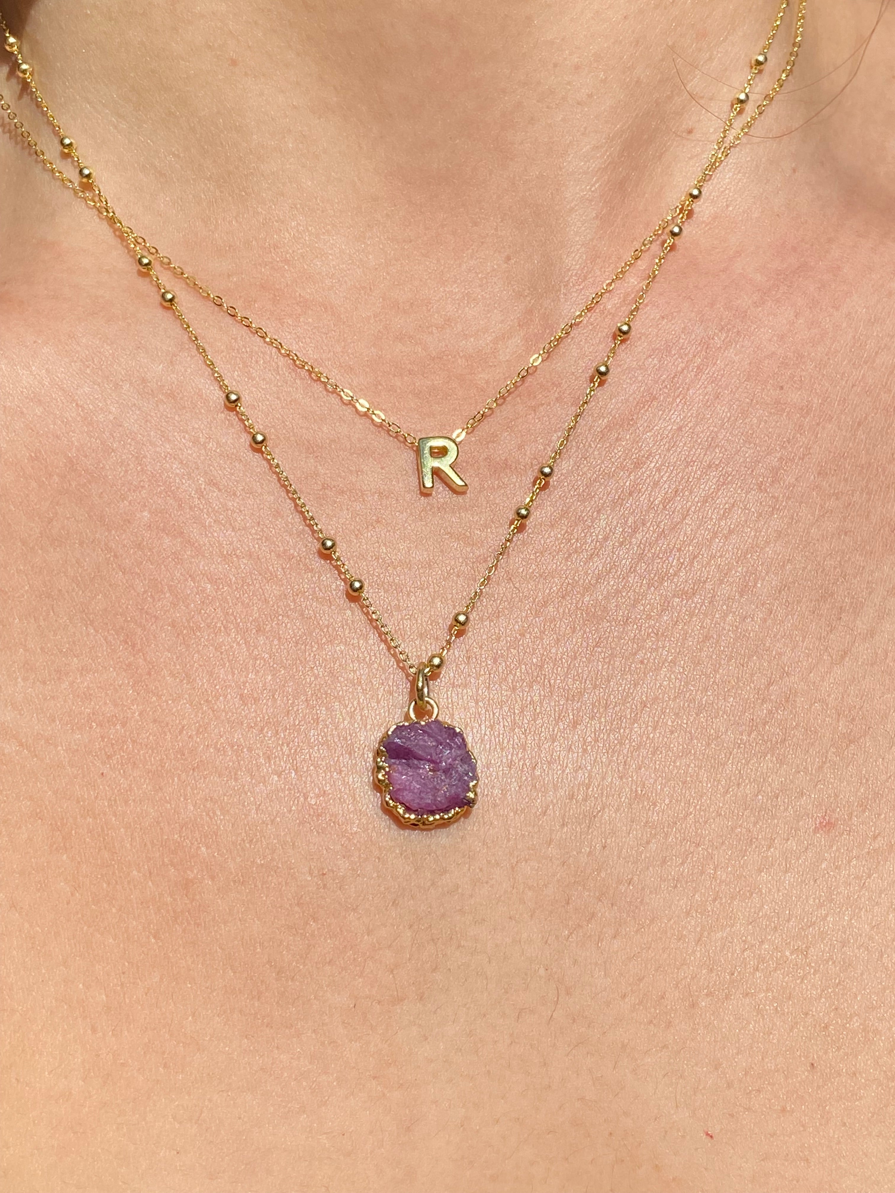 Alphabet + Flat Birthstone Necklace Set - July