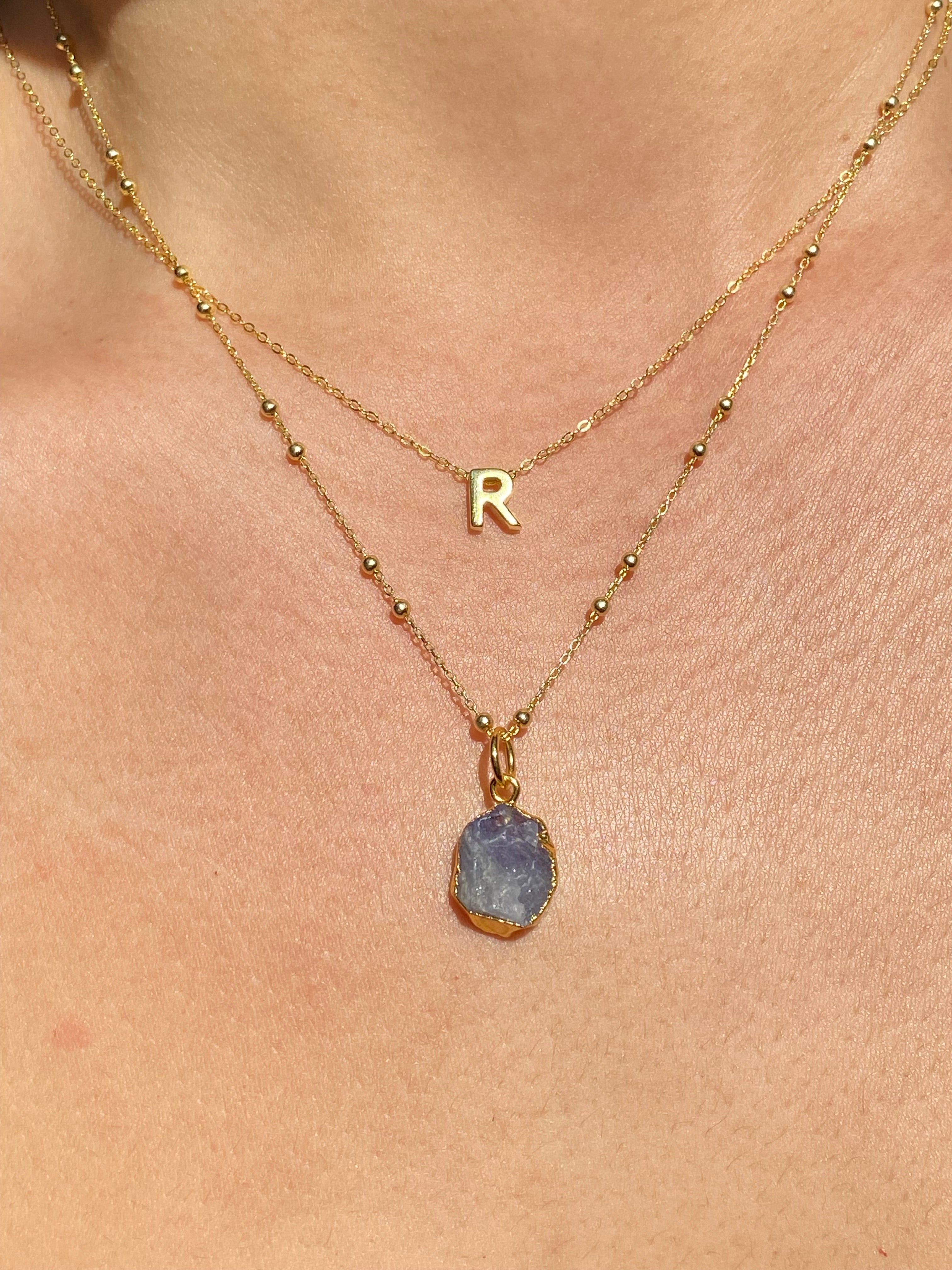 Alphabet + Flat Birthstone Necklace Set - December