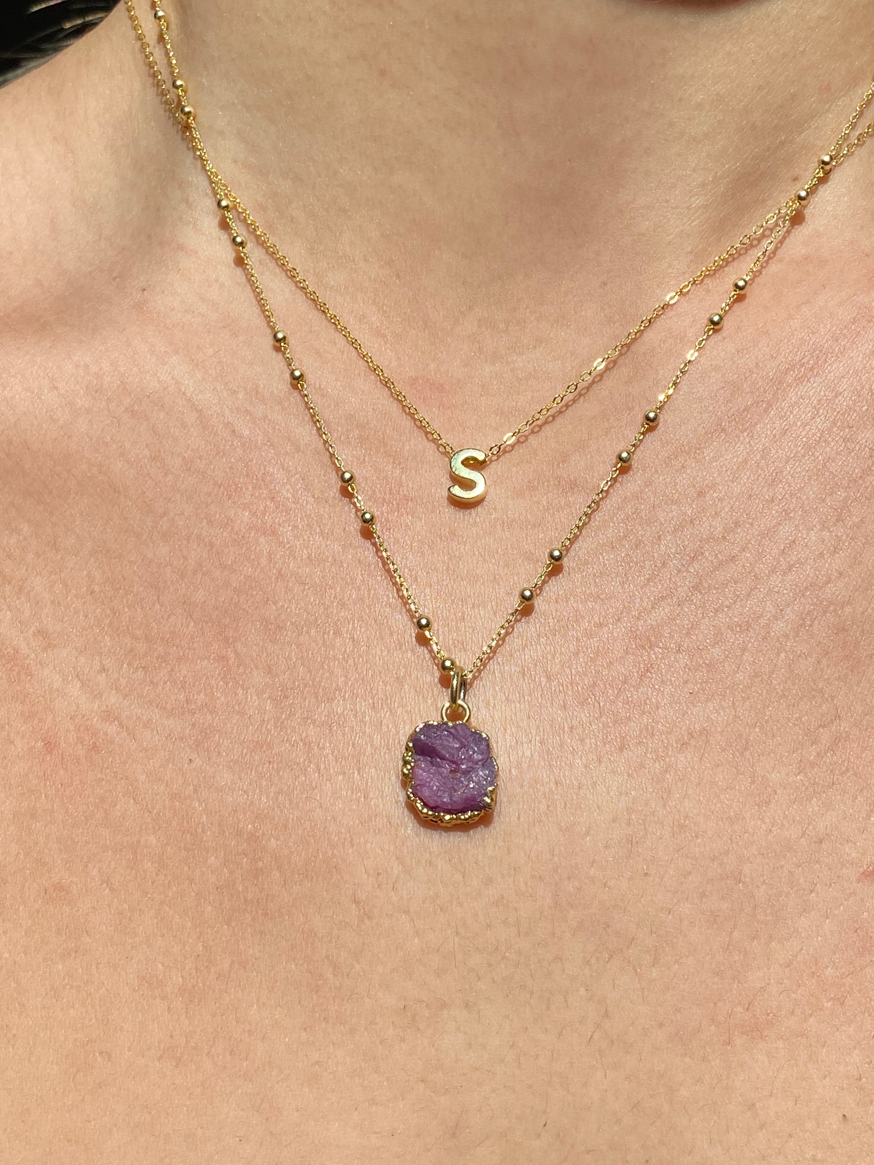 Alphabet + Flat Birthstone Necklace Set - July