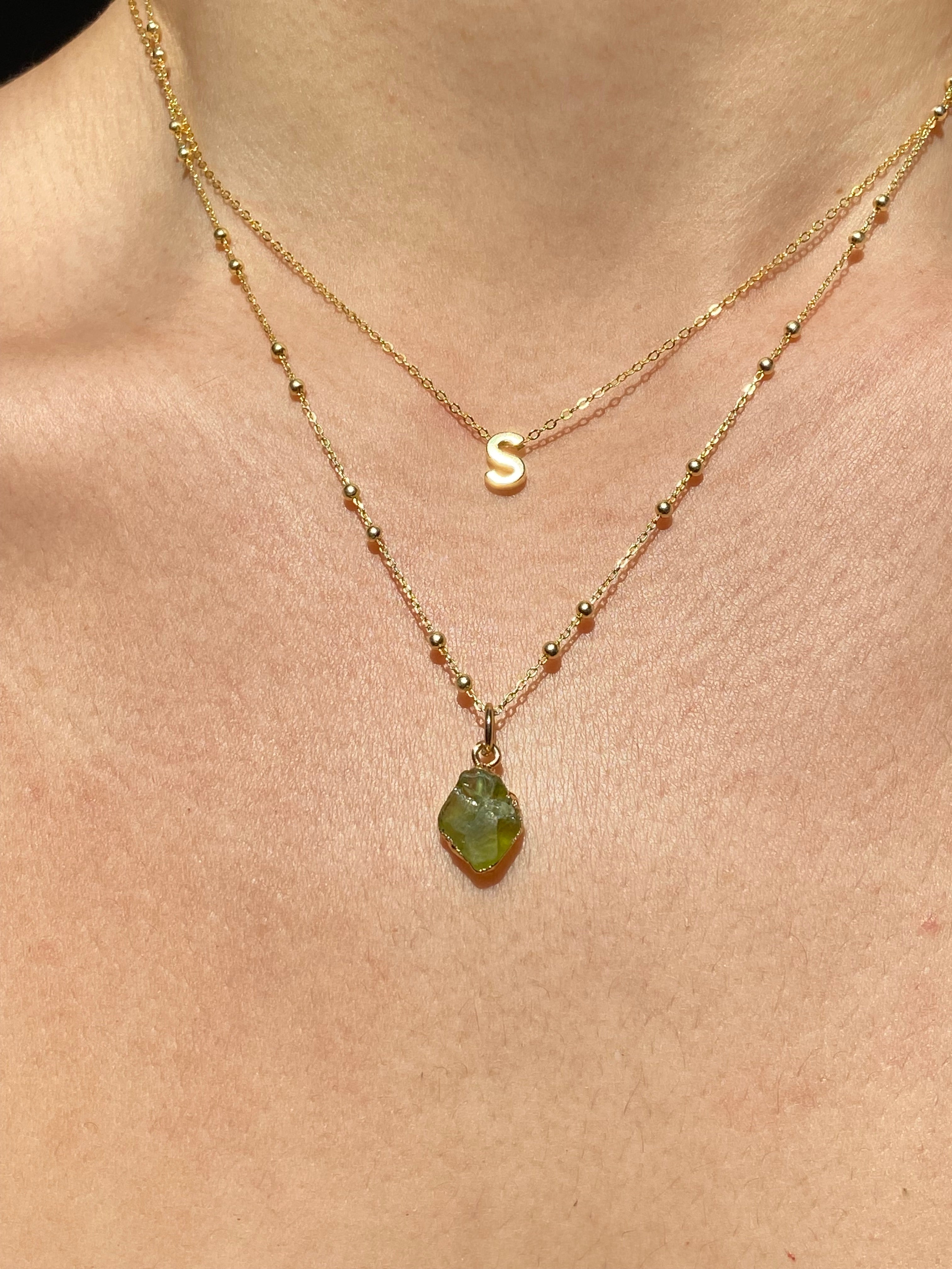 Alphabet + Flat Birthstone Necklace Set - August
