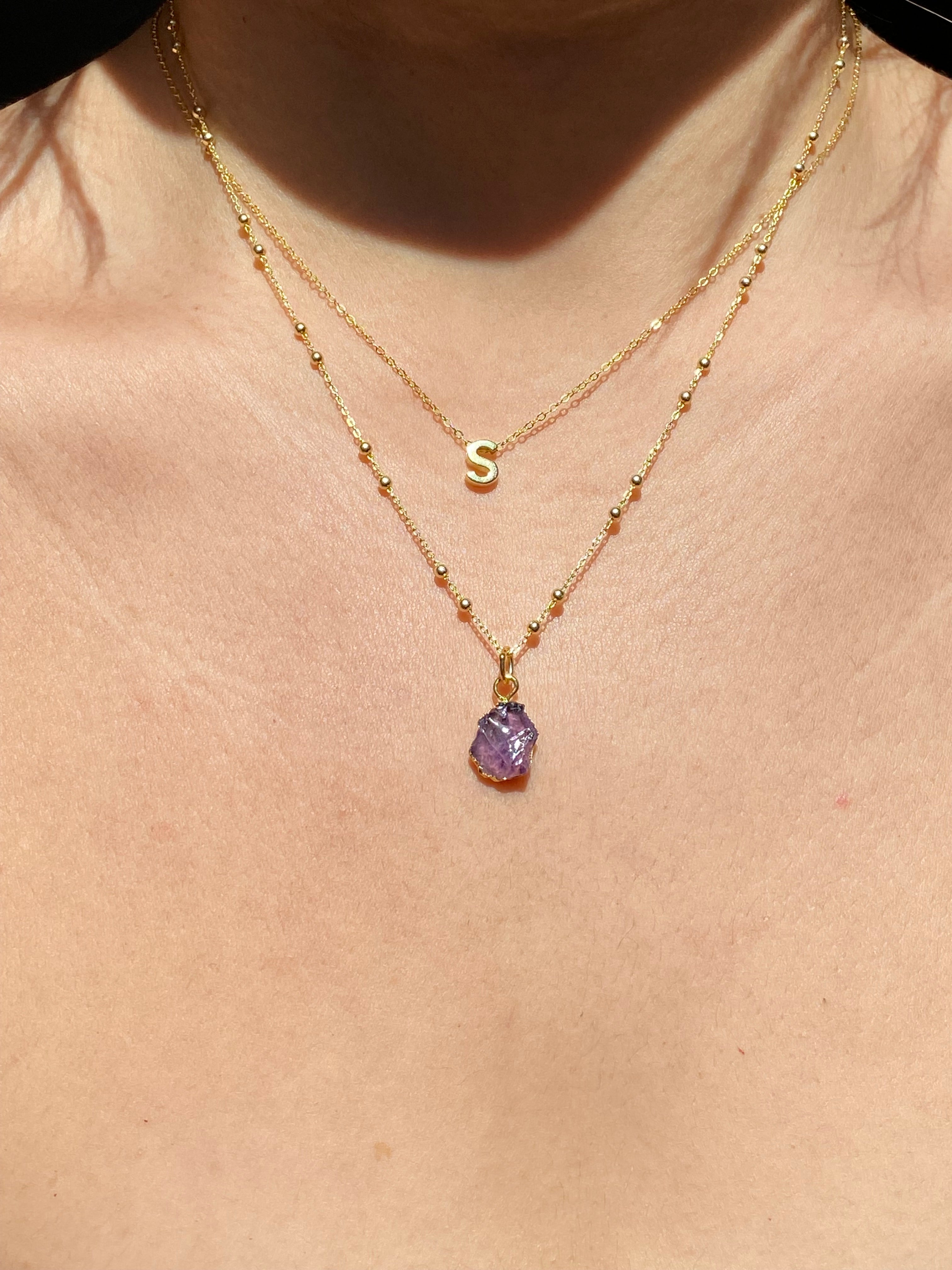 Alphabet + Flat Birthstone Necklace Set - February