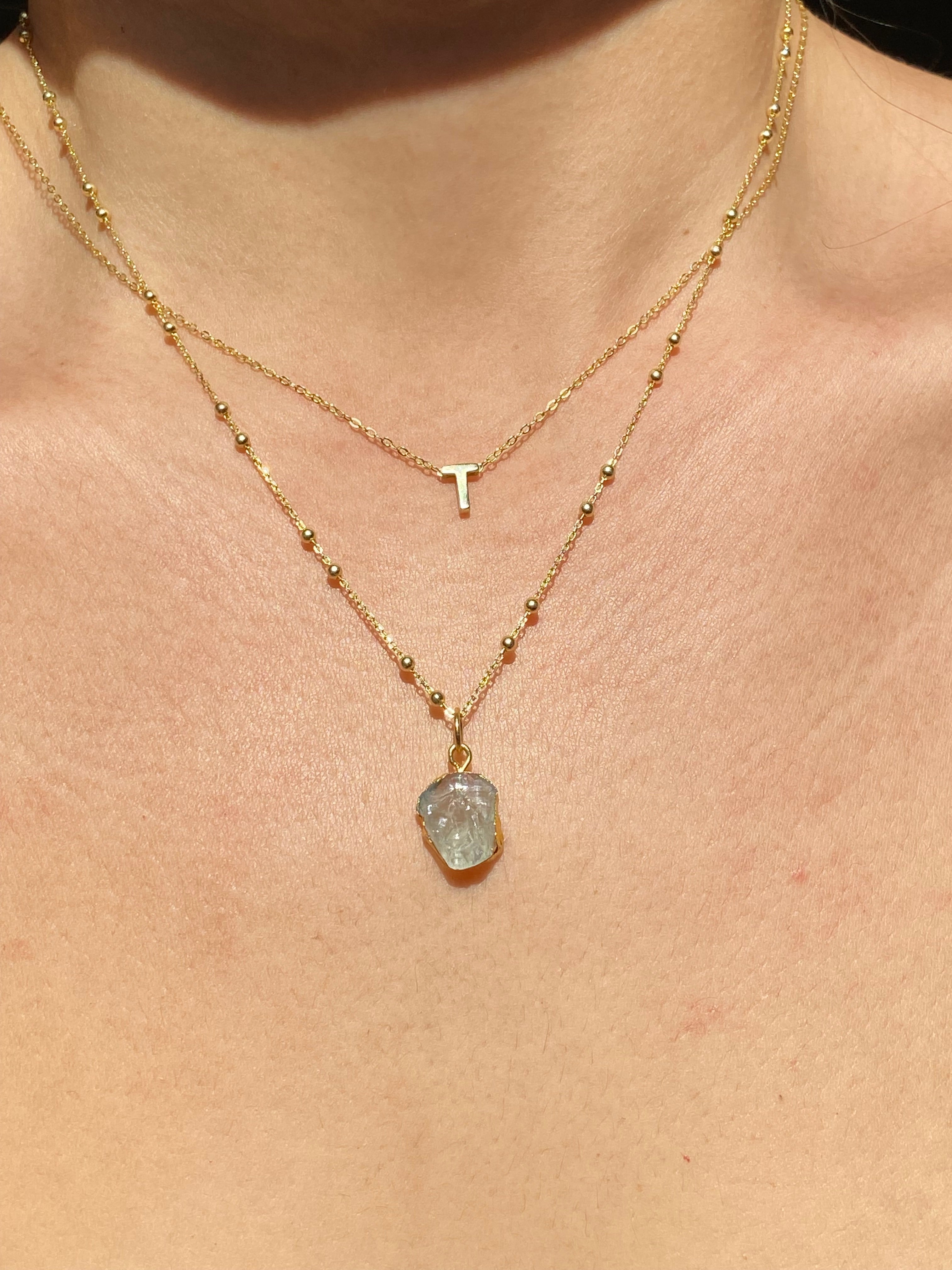 Alphabet + Flat Birthstone Necklace Set - March