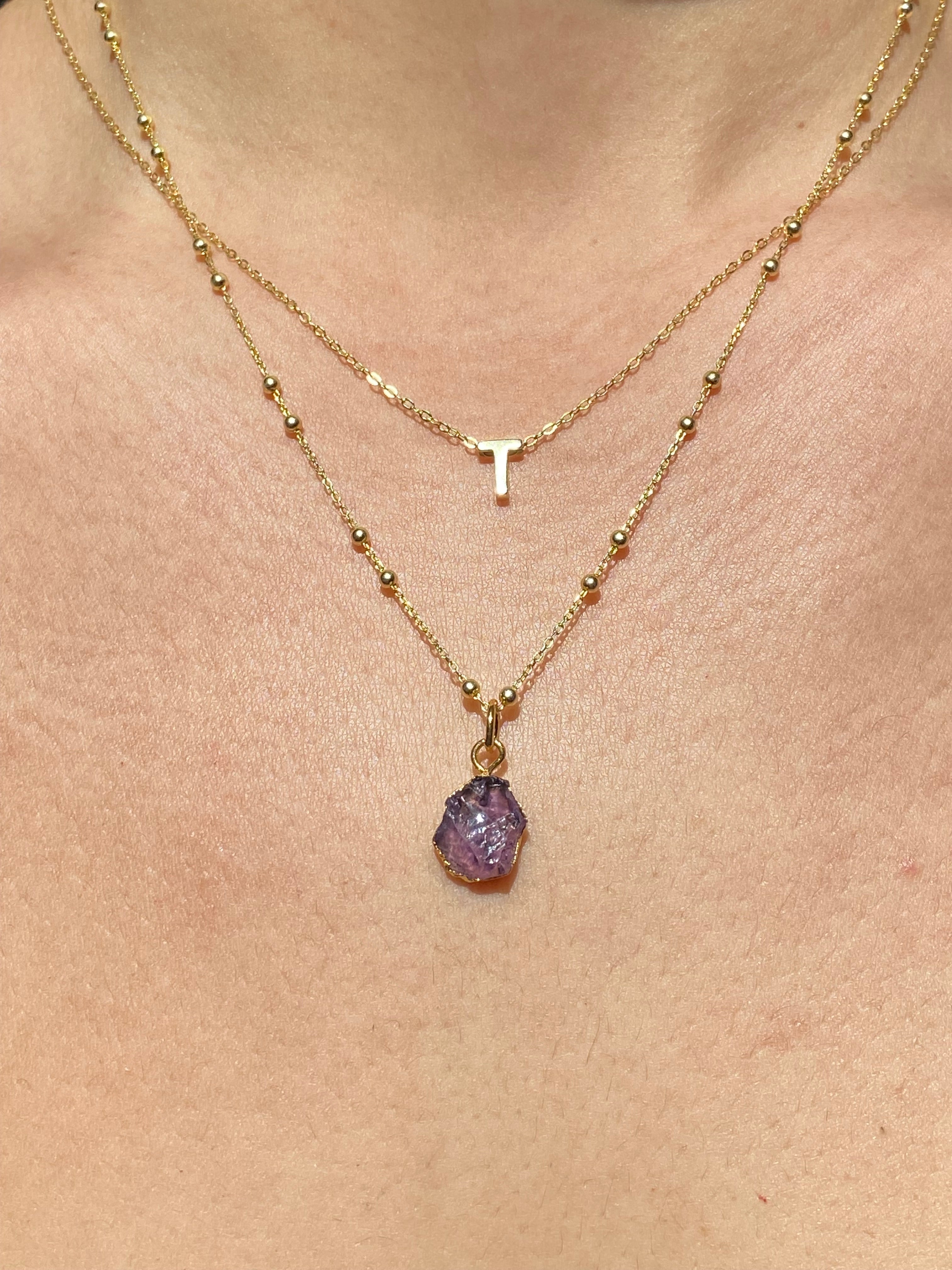 Alphabet + Flat Birthstone Necklace Set - February
