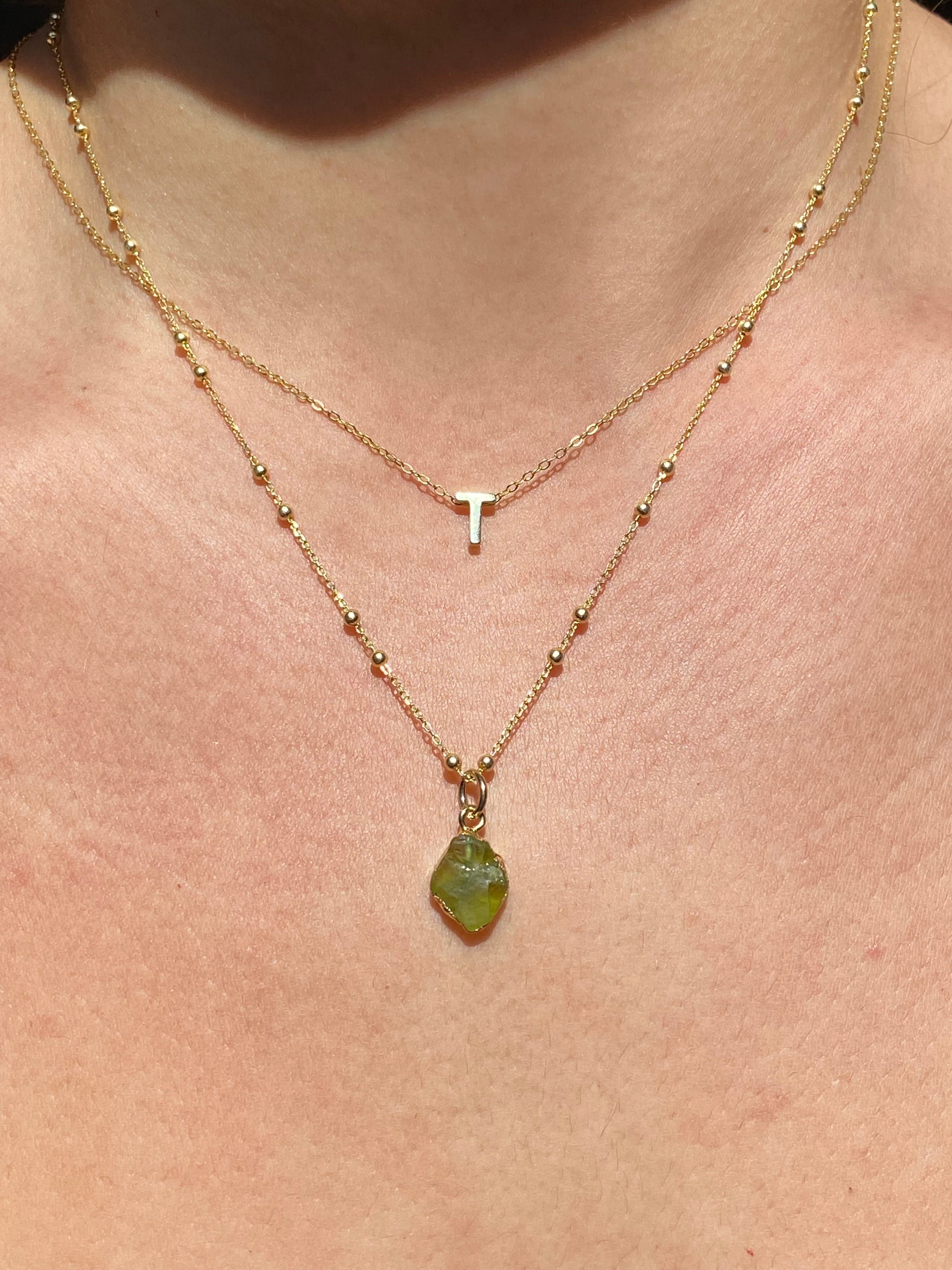 Alphabet + Flat Birthstone Necklace Set - August