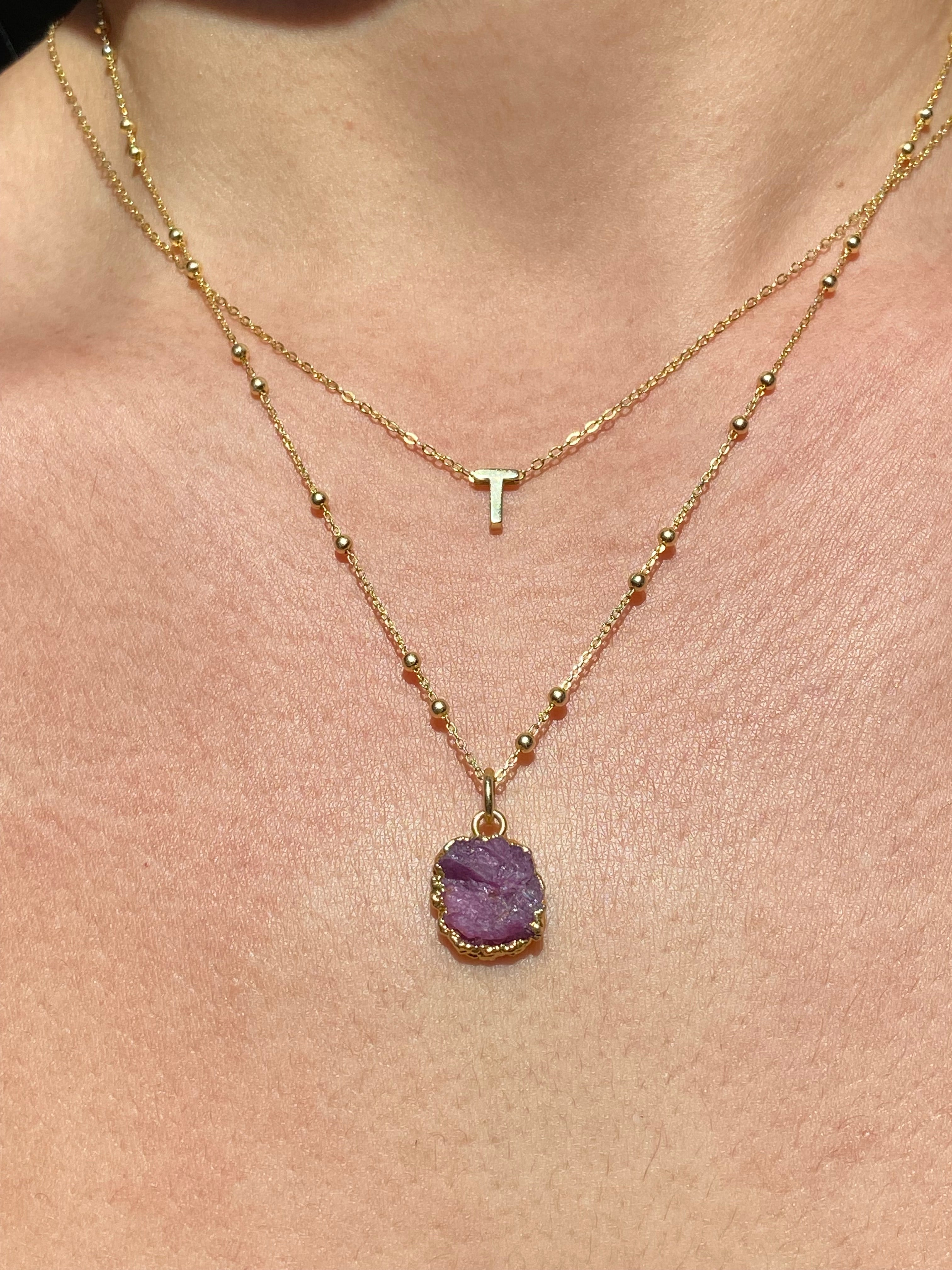 Alphabet + Flat Birthstone Necklace Set - July
