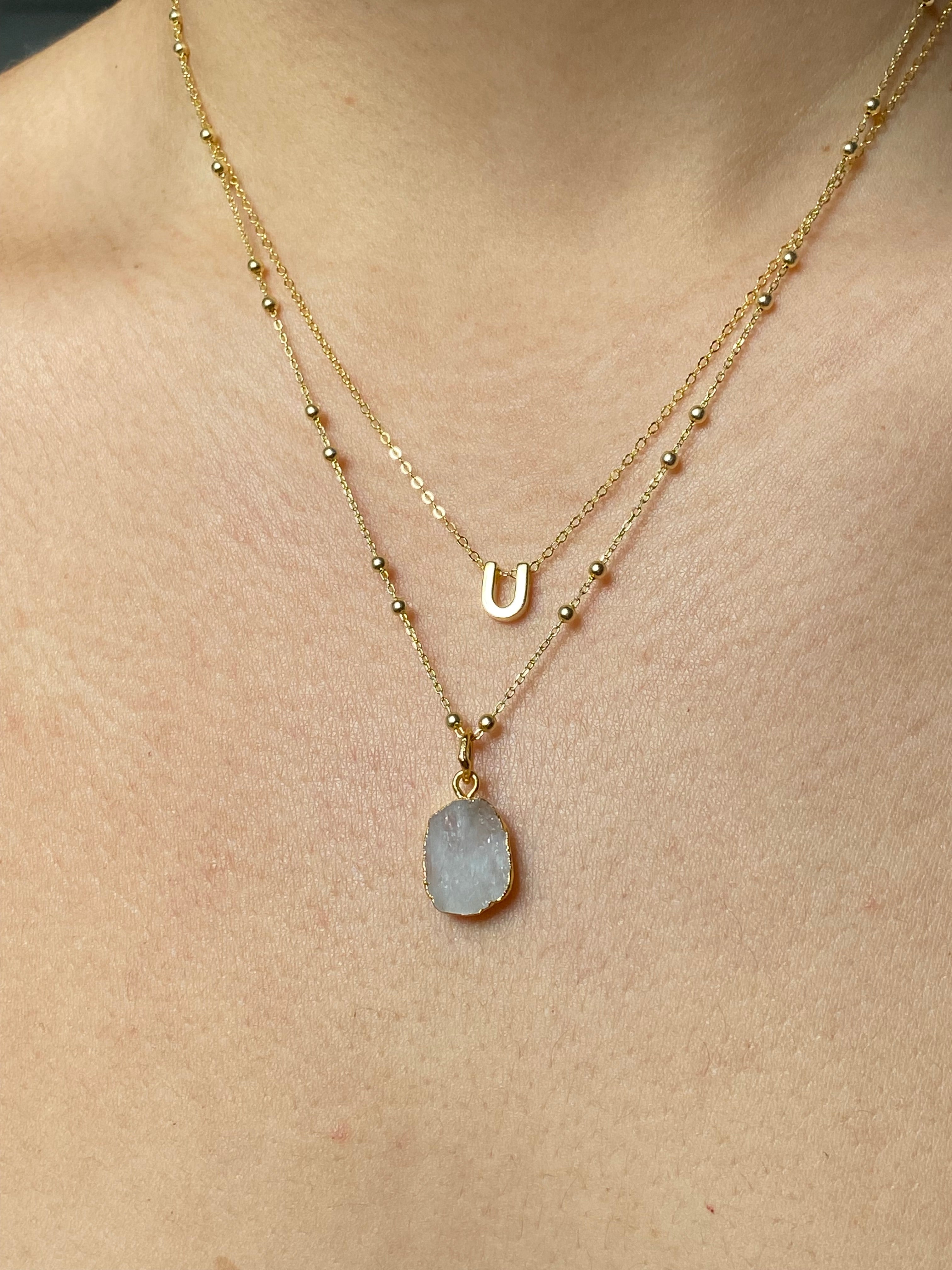 Alphabet + Flat Birthstone Necklace Set - June