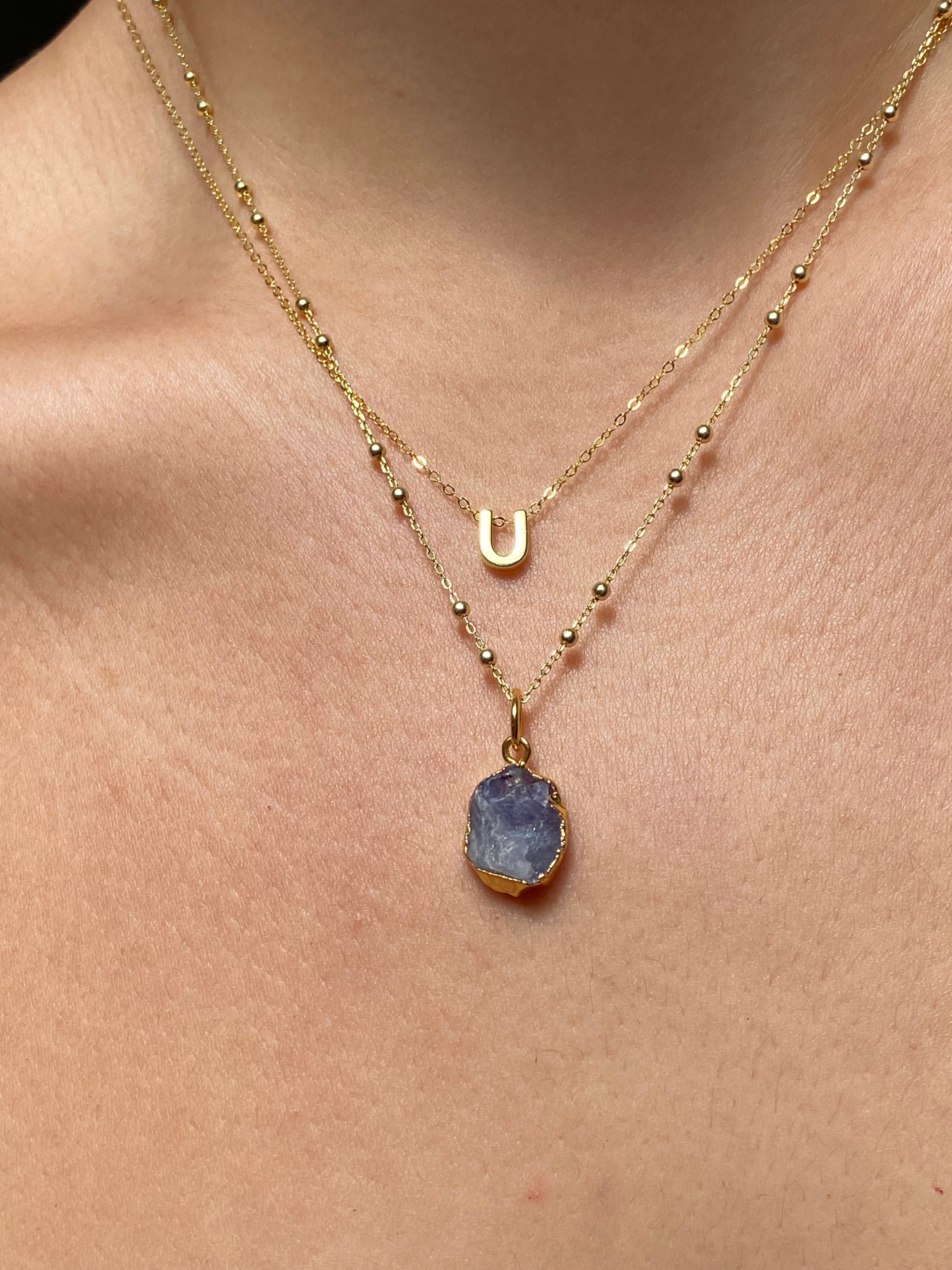 Alphabet + Flat Birthstone Necklace Set - December