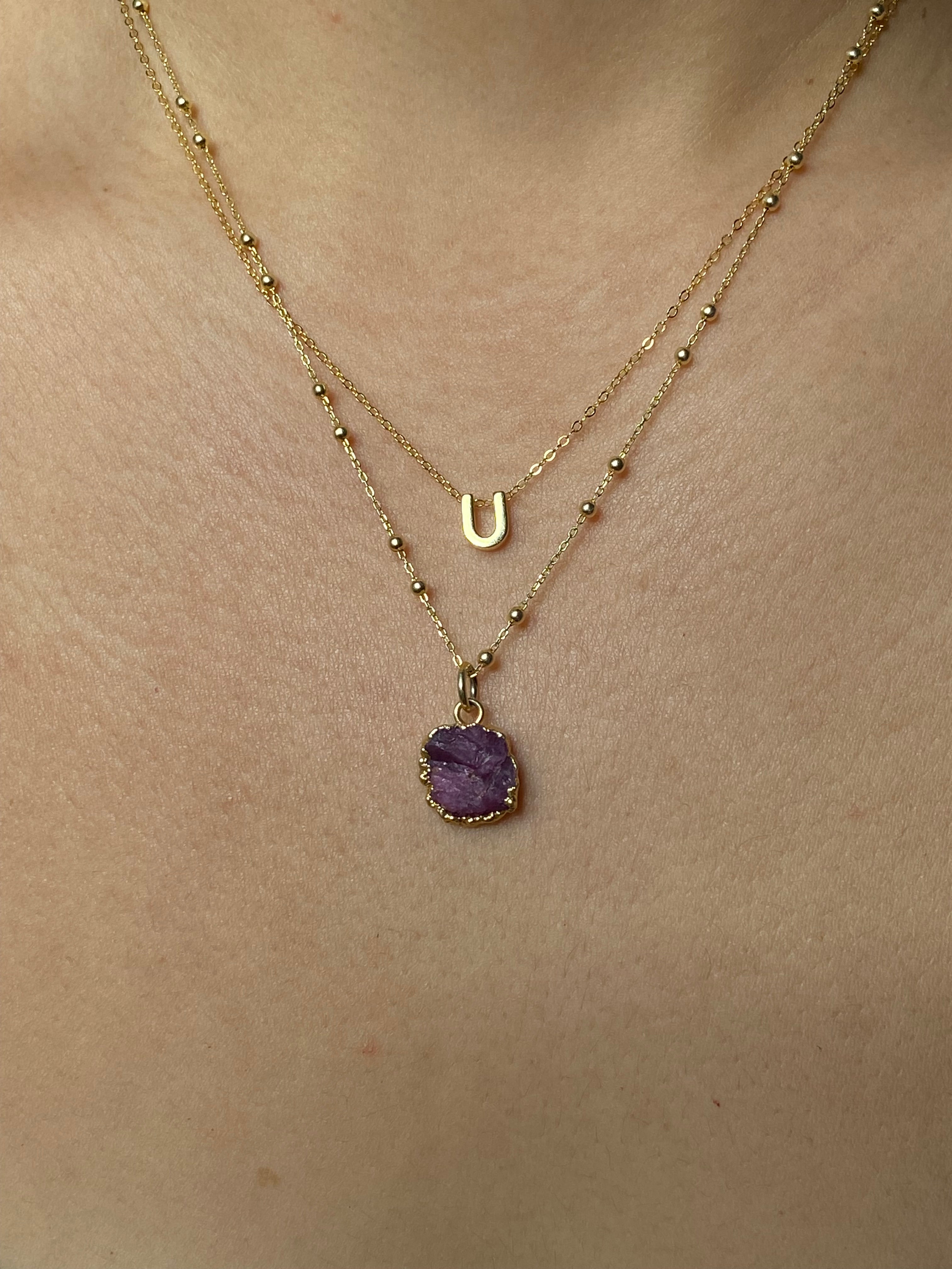 Alphabet + Flat Birthstone Necklace Set - July