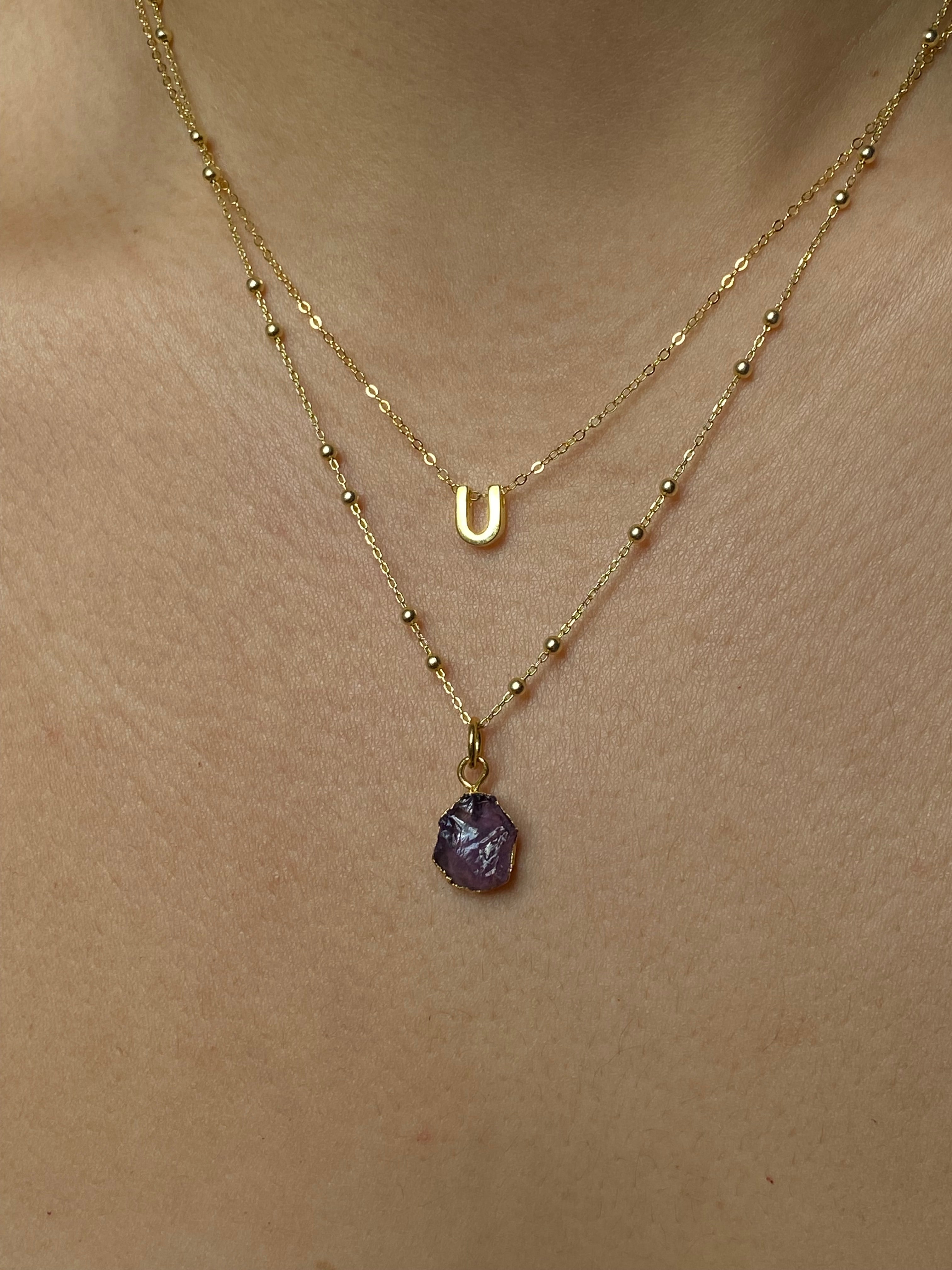 Alphabet + Flat Birthstone Necklace Set - February