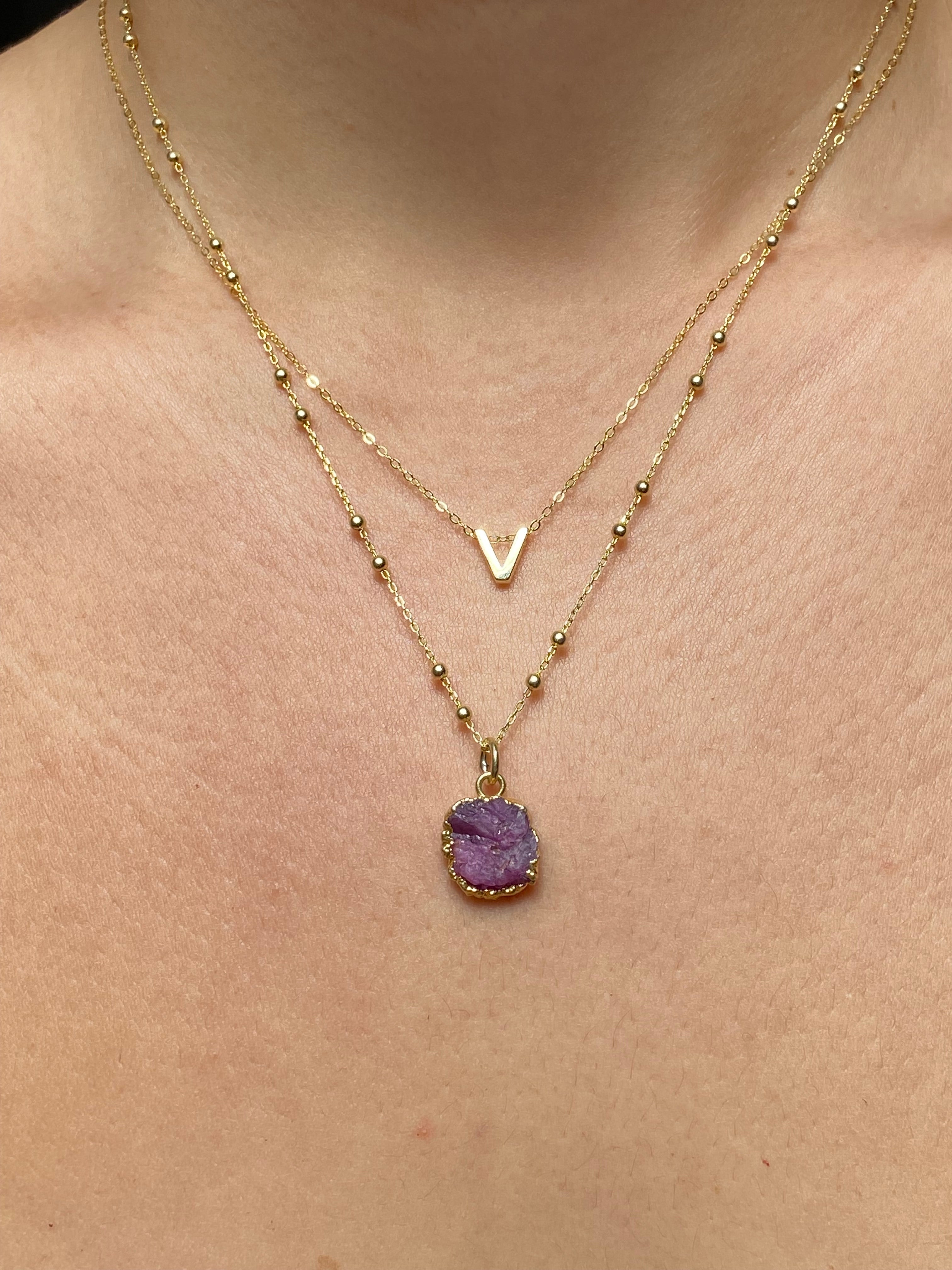 Alphabet + Flat Birthstone Necklace Set - July