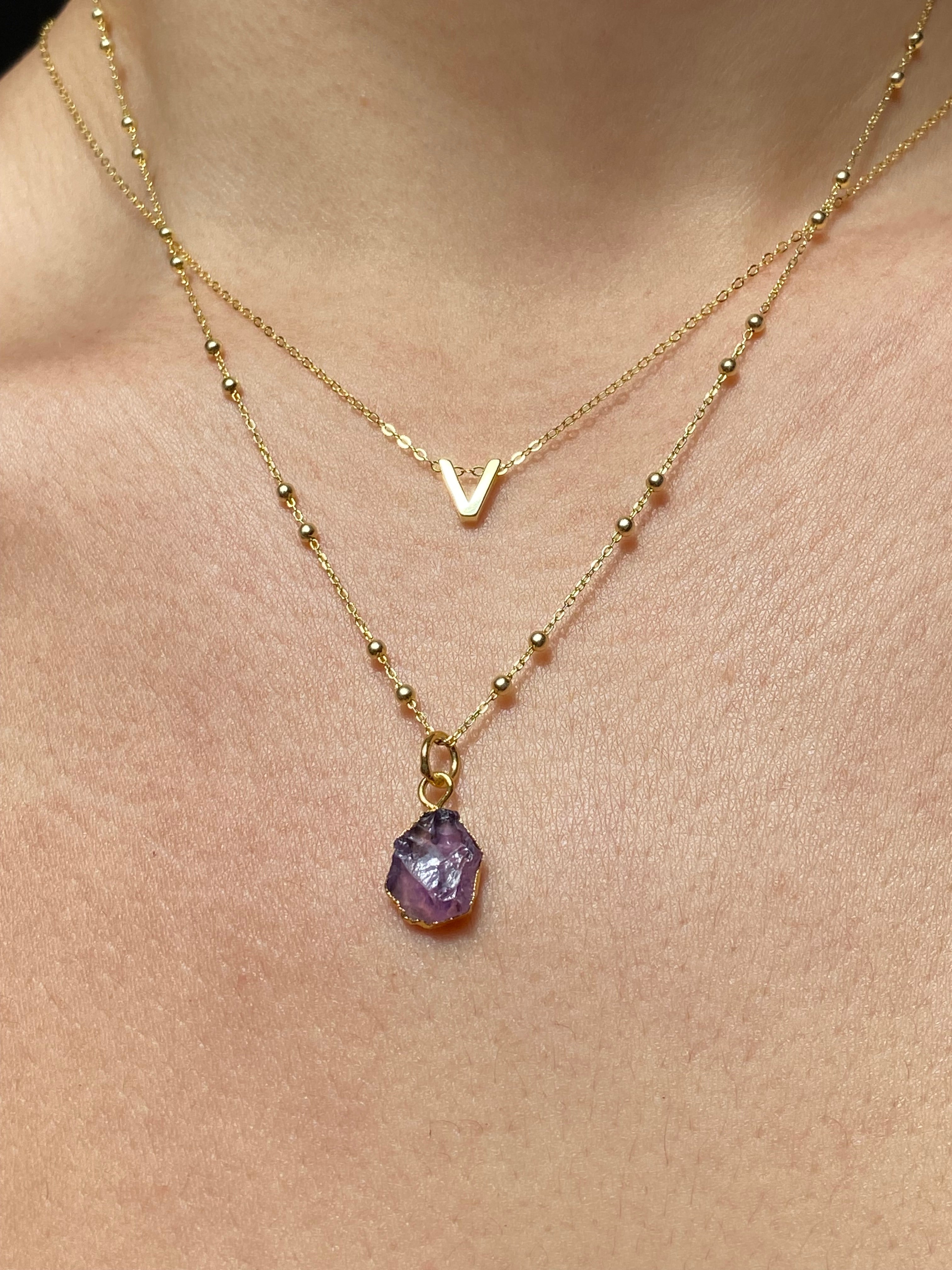Alphabet + Flat Birthstone Necklace Set - February
