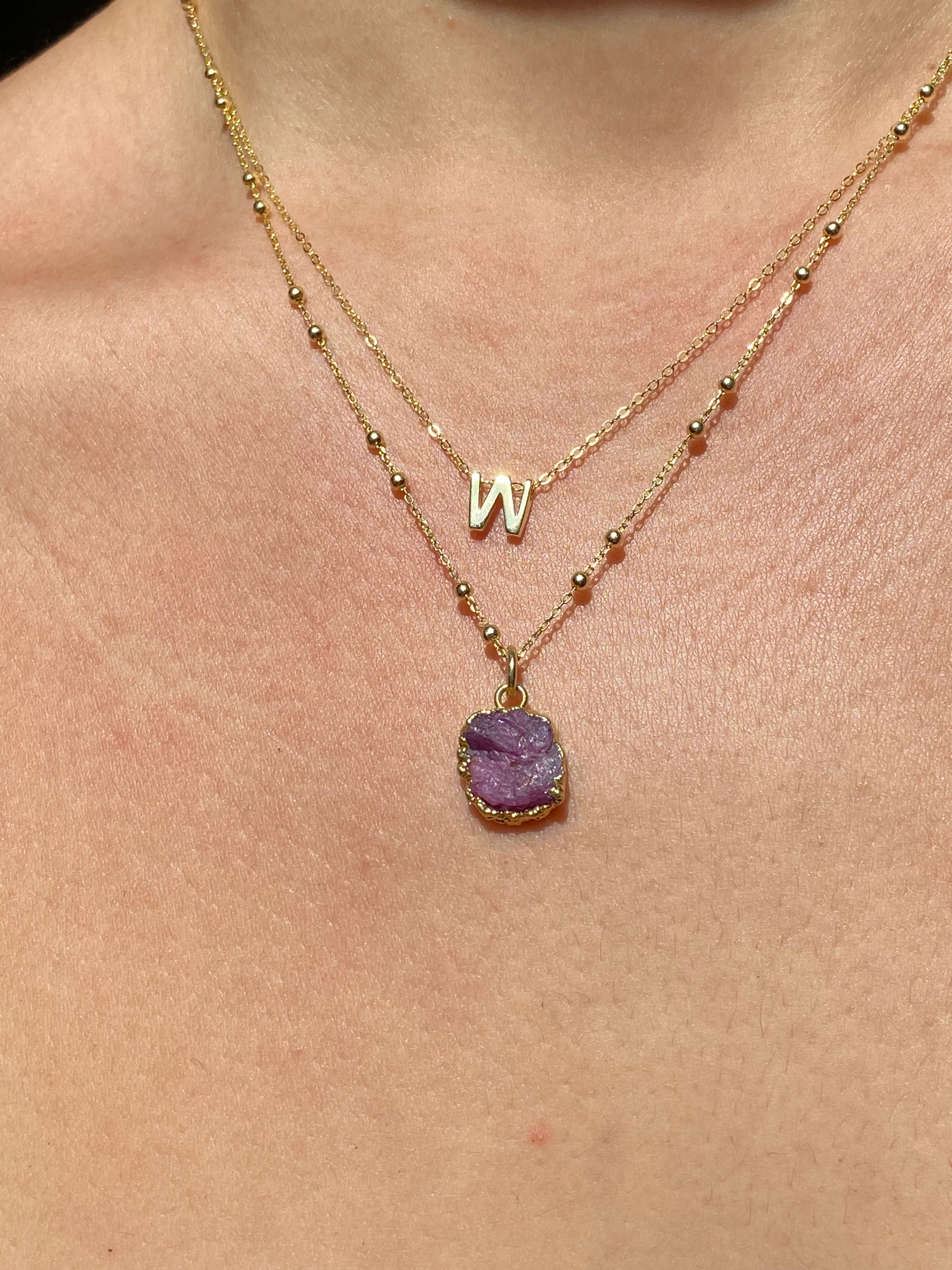 Alphabet + Flat Birthstone Necklace Set - July