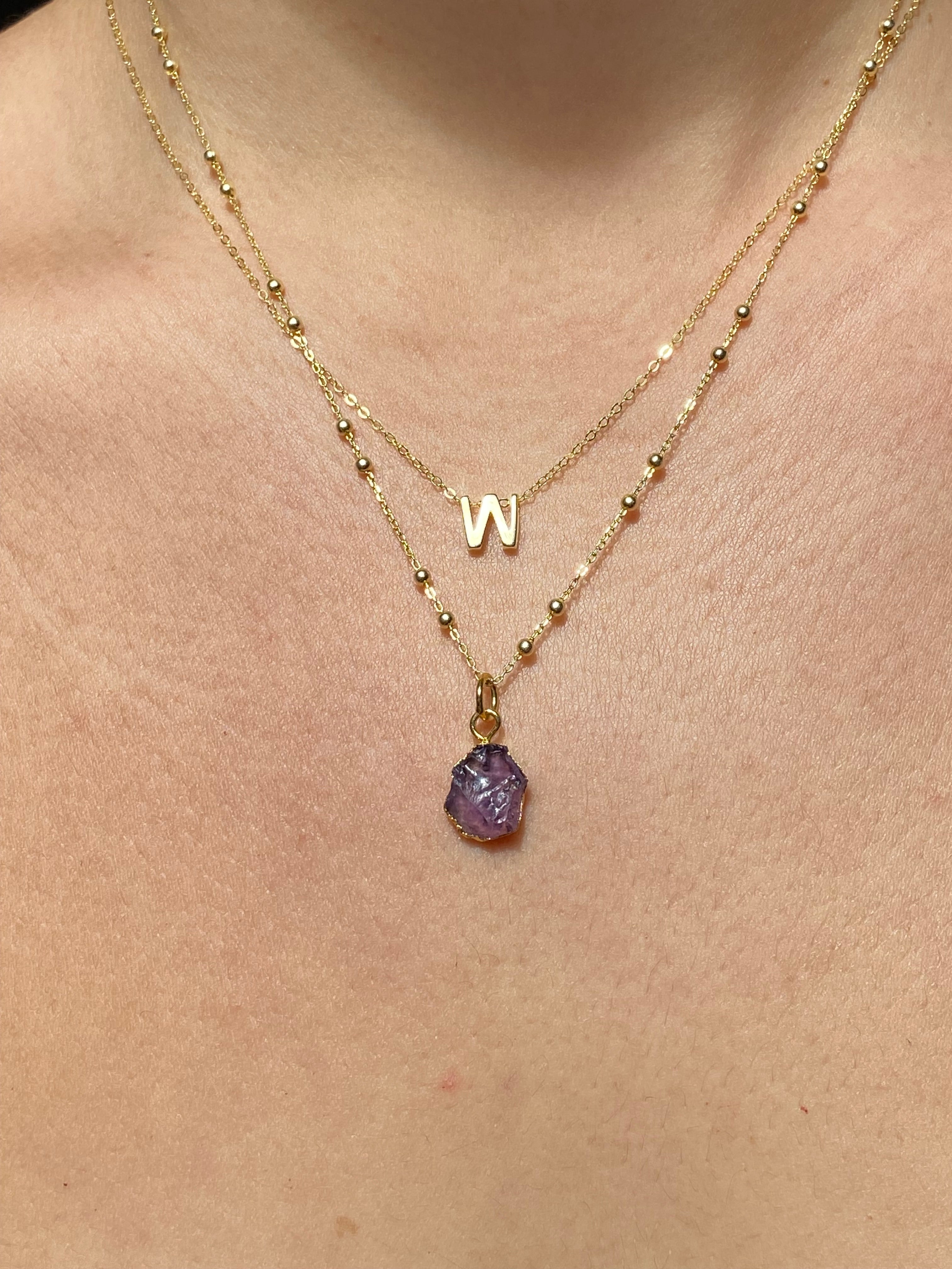 Alphabet + Flat Birthstone Necklace Set - February