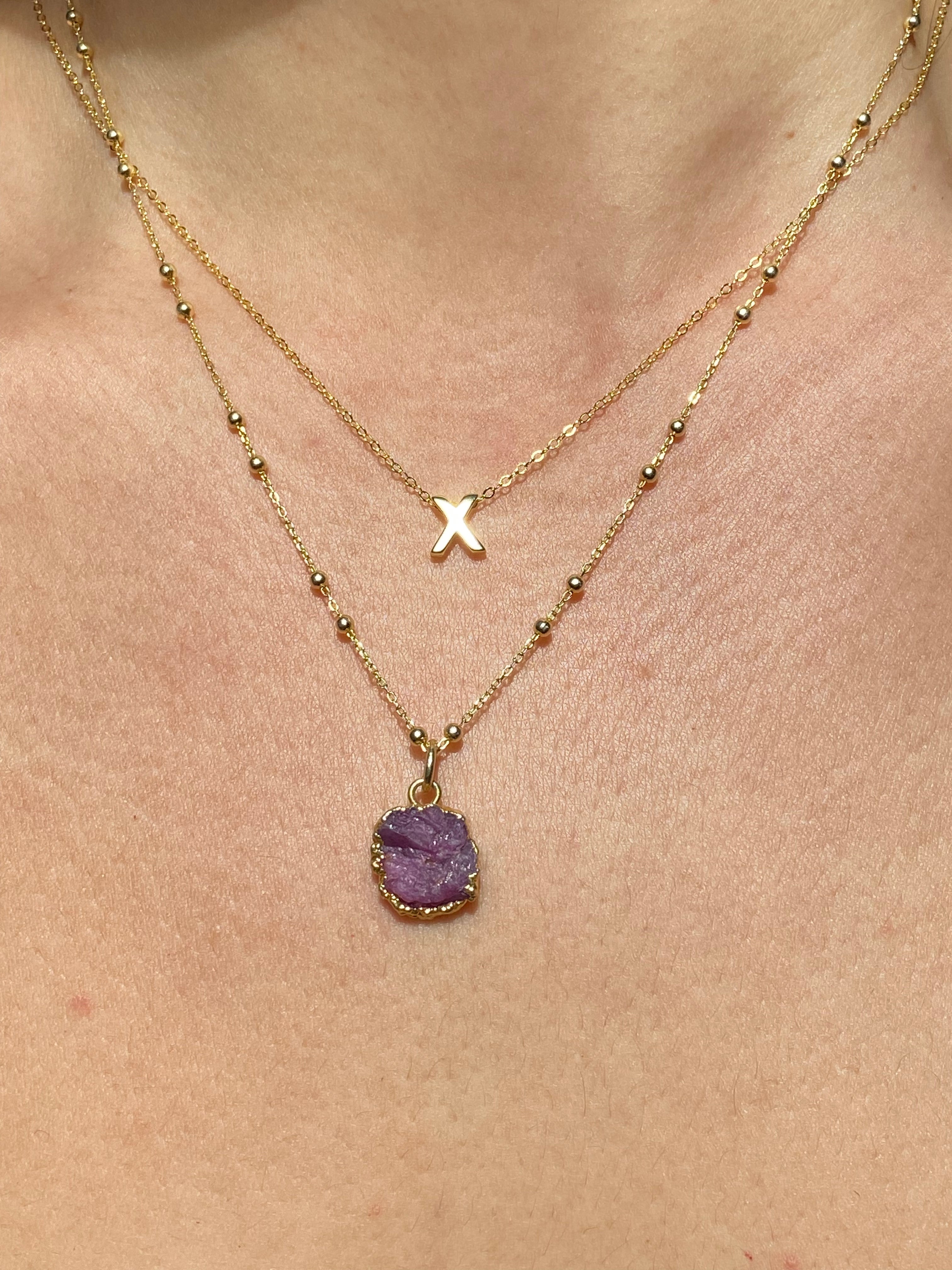 Alphabet + Flat Birthstone Necklace Set - July