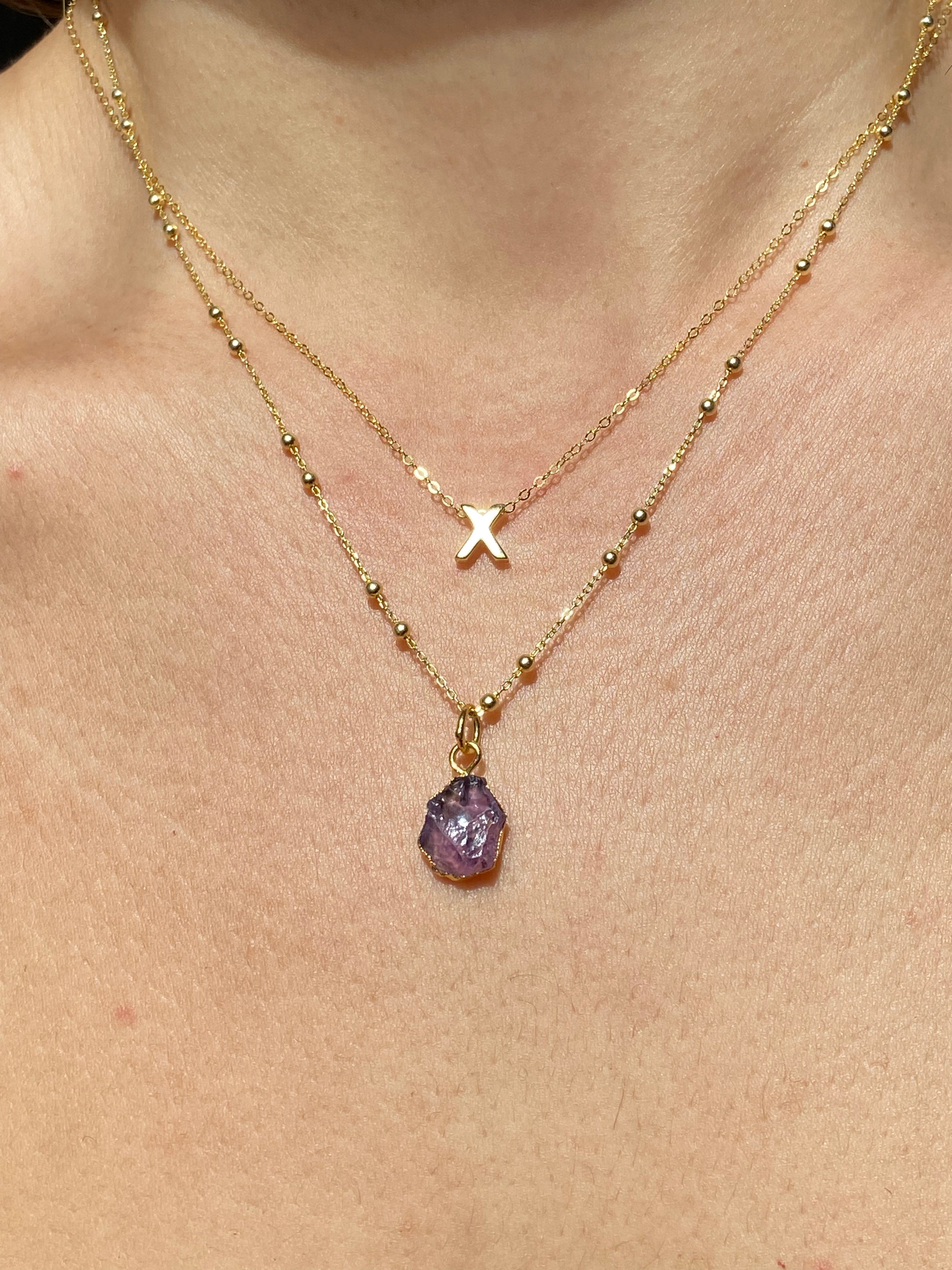Alphabet + Flat Birthstone Necklace Set - February