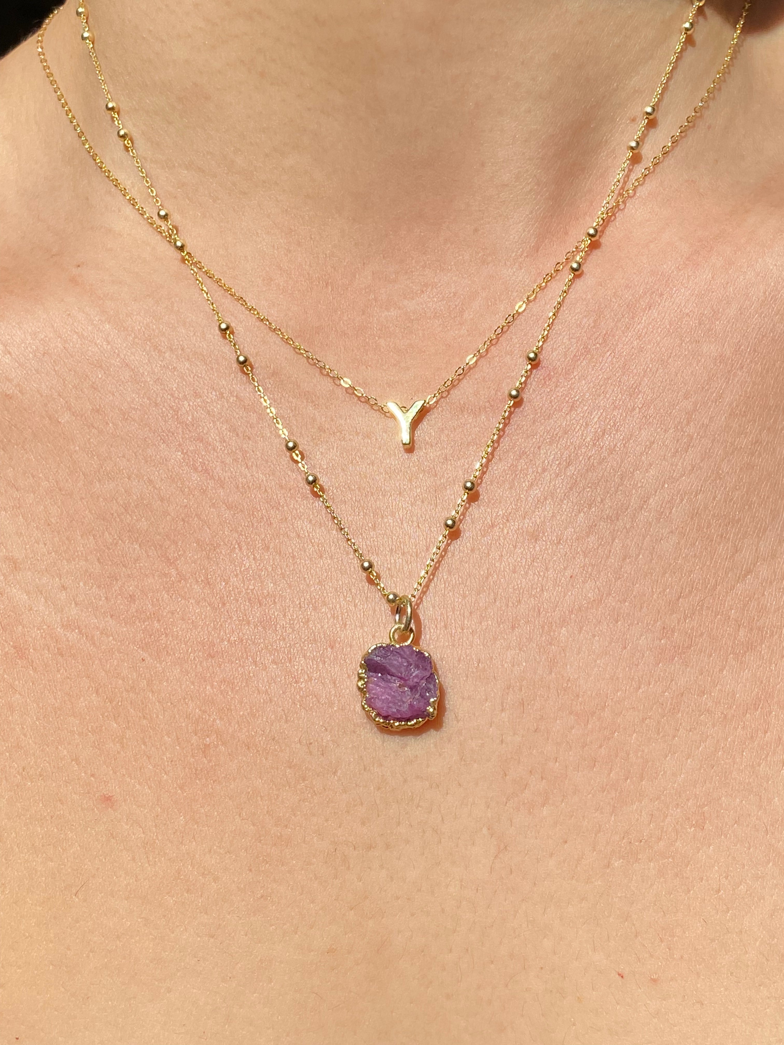 Alphabet + Flat Birthstone Necklace Set - July